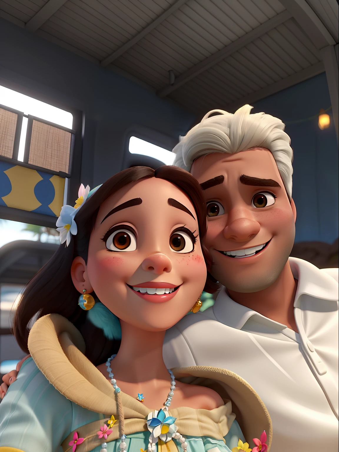 Casal sorrindo, um pouco mais velhos, mulher morena e homem branco, estilo disney, alta qualidade, melhor qualidade