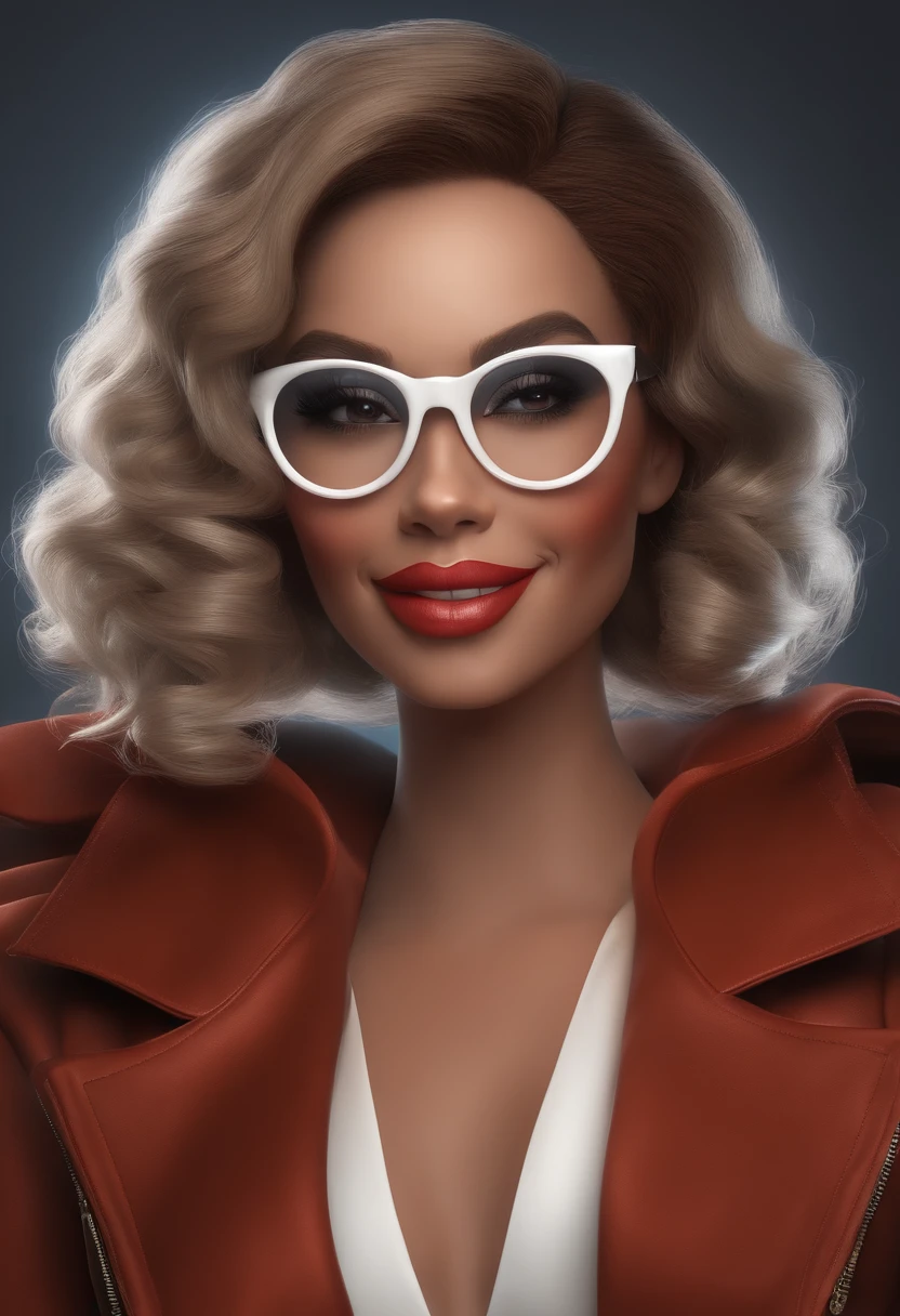 "(best quality,ultra-detalhado,Realistic:1.37),3D rendering,illustration,design de personagens,cabelos careca,belos olhos detalhados,wearing white glasses,Estilo negra no palco da Disney,atmosfera animada,vivid colors,luzes de palco,expression joyful"