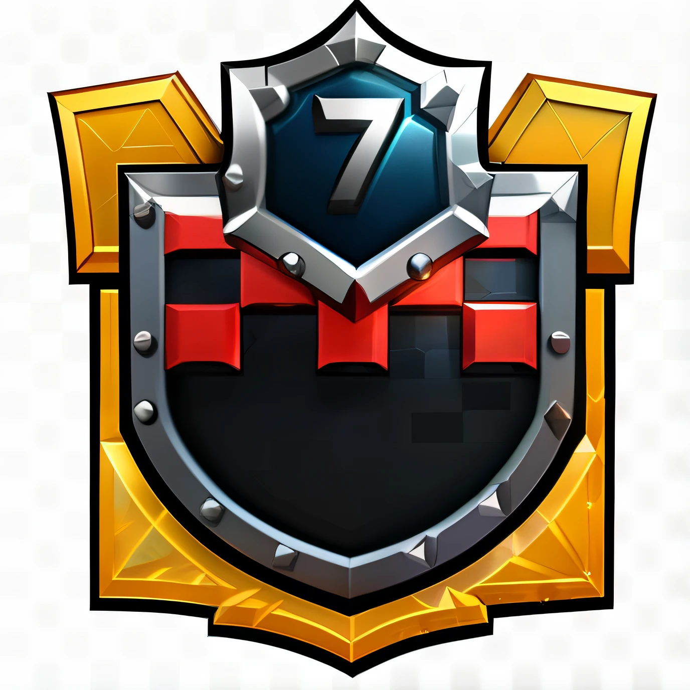 A closeup of a shield with a number seven on it, emblemaa do escudo, PersonaGens estilo Clash Royal, distintivo, game icon asset, crista de metal afiada, metal shielding, desiGn do escudo, Sheild, grading:G, grading: Geral, 🔞🤡, chest plate, imaGem vazada, 3D Icon for mobile game, Estilo Clash of Clans, emblema