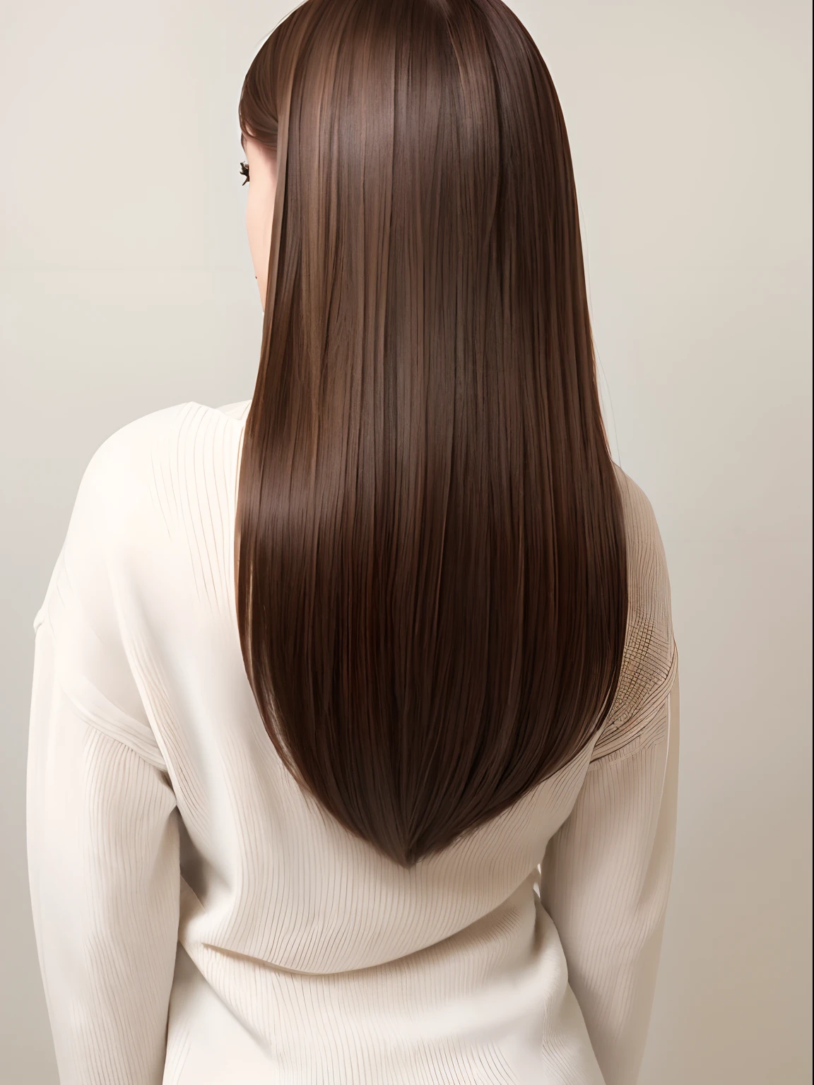 (Back shot:1.5), Longhaire, Brown hair color,1 woman、Straight hair,White sweater、Best Quality、masutepiece、Shine Hair、smooth hair、White wall on background
