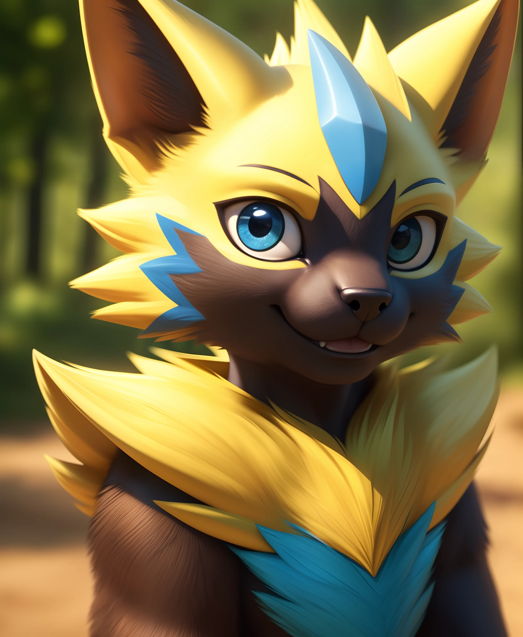 (high detail, film photography, soft focus, soft shaded, RAW candid cinema, photorealism:1.2, realistic, photorealistic:1.4, analog style, subsurface scattering, masterpiece, best quality, ultra realistic, 8k),, zeraora, Pokemon, yellow, fur,  blue eyes, smiling, cute, masterpiece, full body,, , anatomically correct,