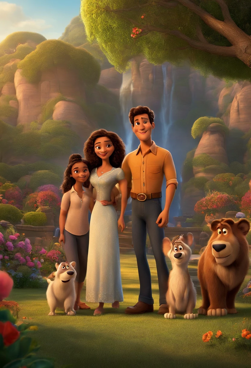 a Disney Pixar movie poster showing a family , medium-skinned light-skinned mother, pai e filhos de pele branca. The father is the tallest, . The background is an eldest daughter's birthday party