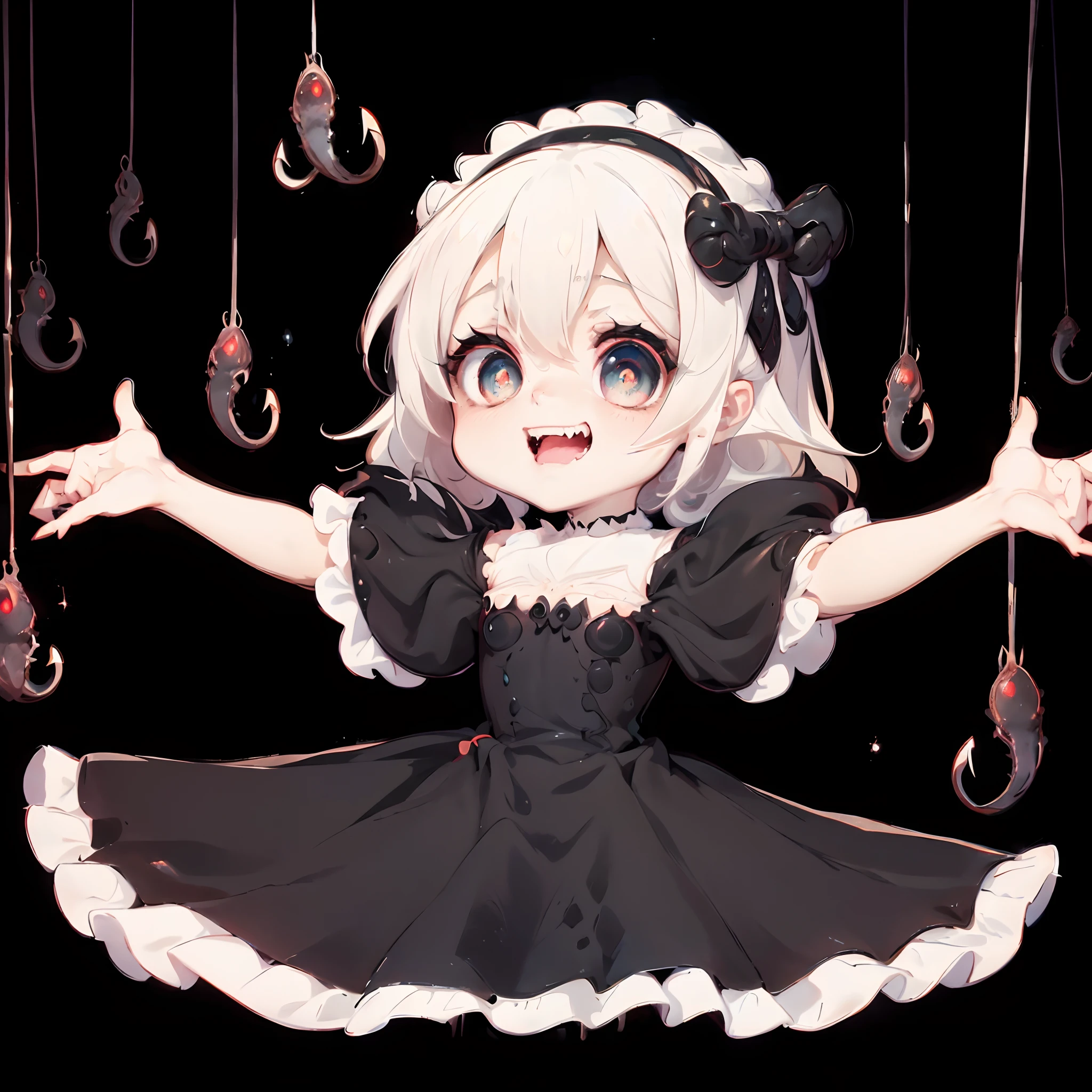 A girl spreading her arms. she is in a black dress. She has white frills. Tentacles with claws hanging from the ceiling. spider legs. Eyes open. Shining eyes. she grins. dark background.