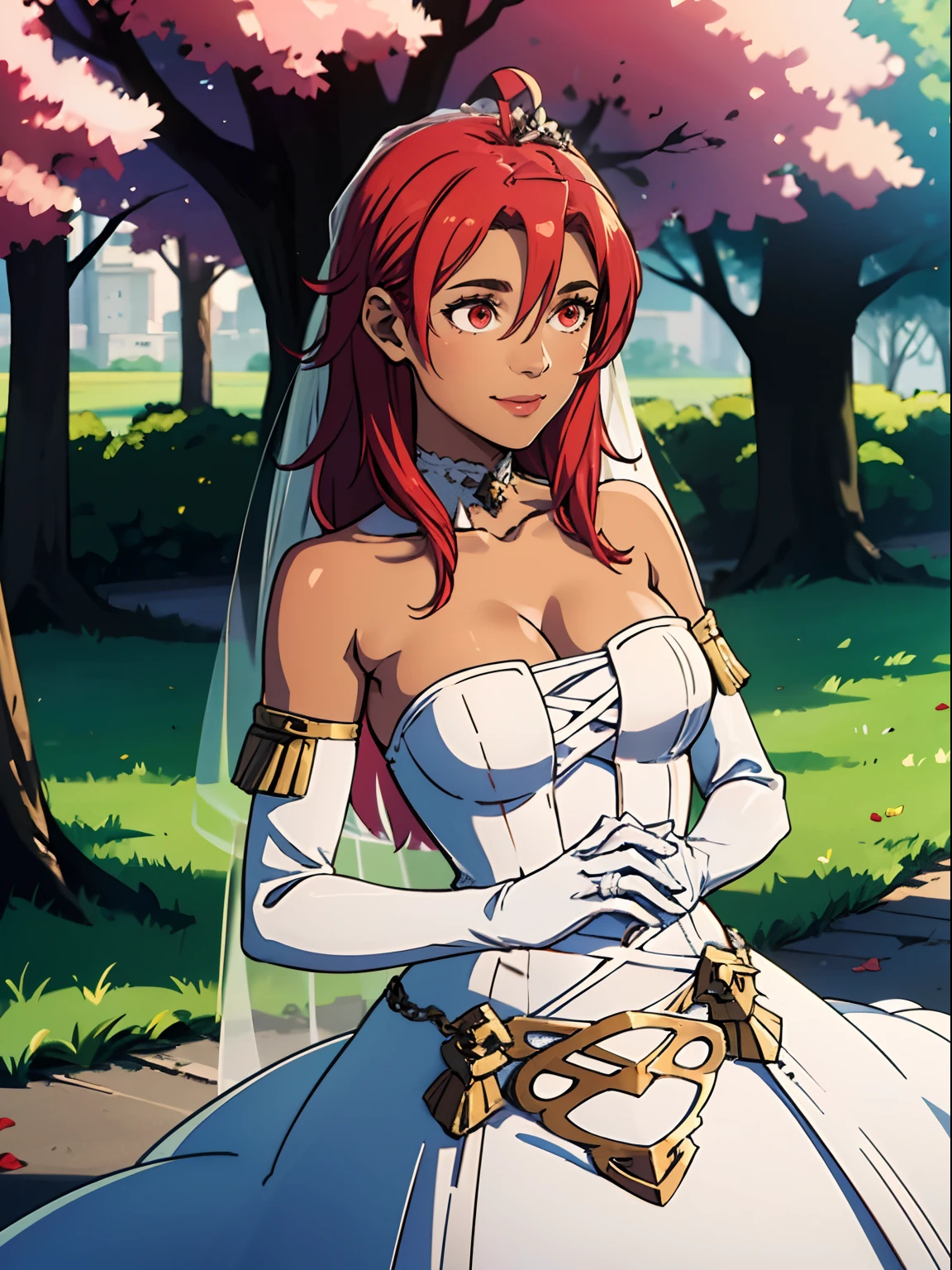 1girl hair between eyes, ahoge, tanned skin, red eyes, red hair, star \(symbol\), hair ornament, dress, cleavage, bare shoulders, collarbone, long white elbow gloves, white gloves, white dress, white choker, strapless, tiara, veil, strapless dress, wedding dress, bridal veil, beautiful woman, perfect body, perfect breasts, wearing a wedding dress, ball gown, in the park trees, wedding decorations, a in love smile, realism, masterpiece, textured skin, super detail, high detail, high quality, best quality, 1080p, 16k