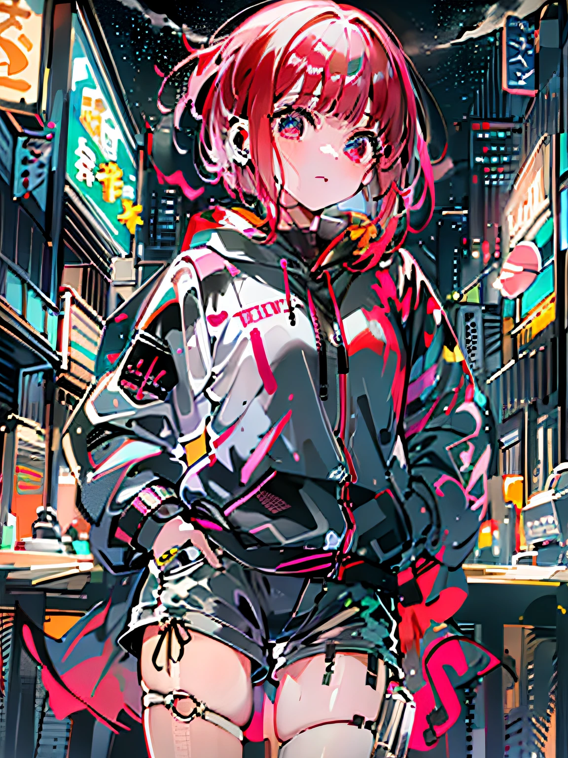 8K分辨率、((top-quality))、((tmasterpiece))、((ultra - detailed))、1 woman at the bar、独奏、unbelievable Ridiculous、hoodie oversized、Earphone、street、neonlight、Shortcut Hair、Brightly Colored Eyes、Hands in pockets、shorter pants、drippy、red hair、bob hair
