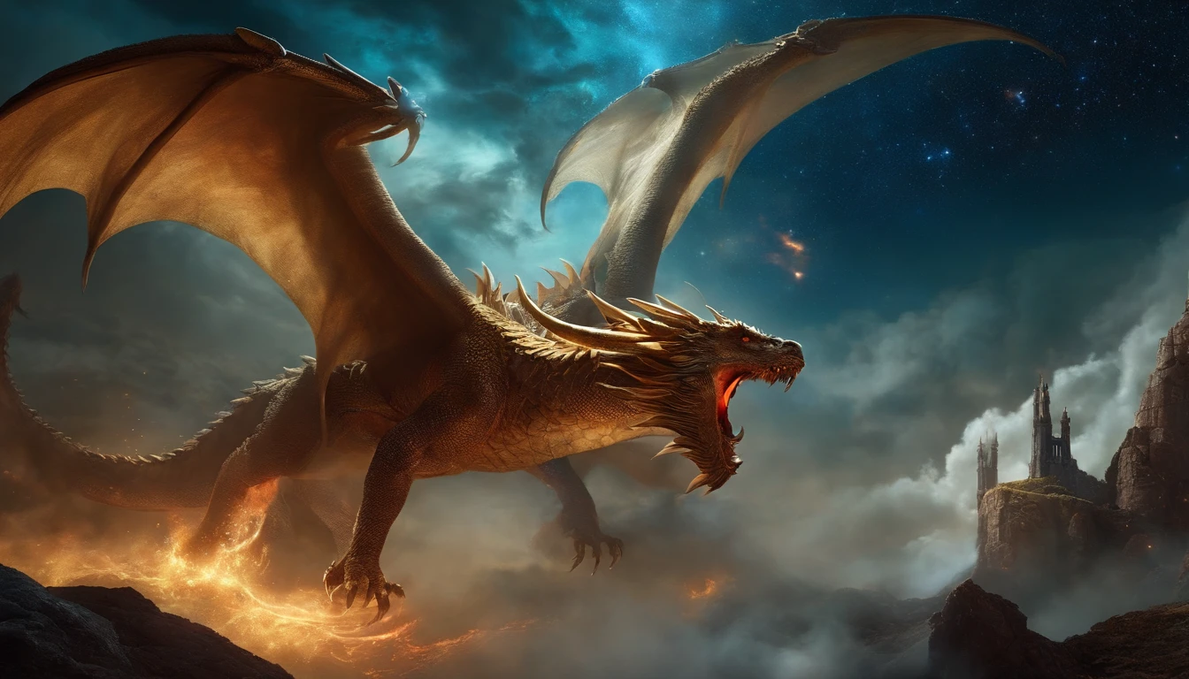 Scene of the dragon and the beast, being defeated by an angel, with a celestial background, extremely detailed and clear