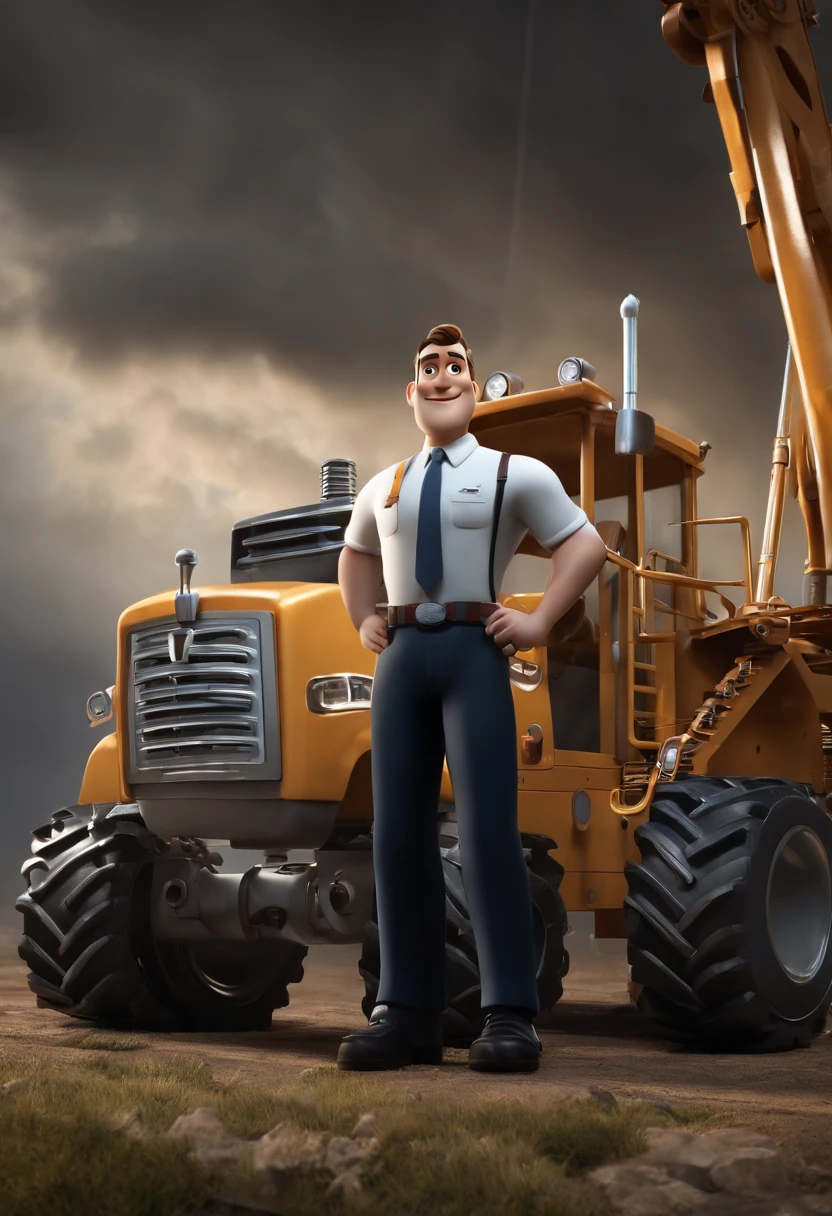 personagem dos desenhos animados de um homem branco com uma camisa preta, um personagem animado, pose de personagem, que represente uma empresa, Personagem 3D, In front of heavy machinery, industriais, estilo Pixar, com alta qualidade.