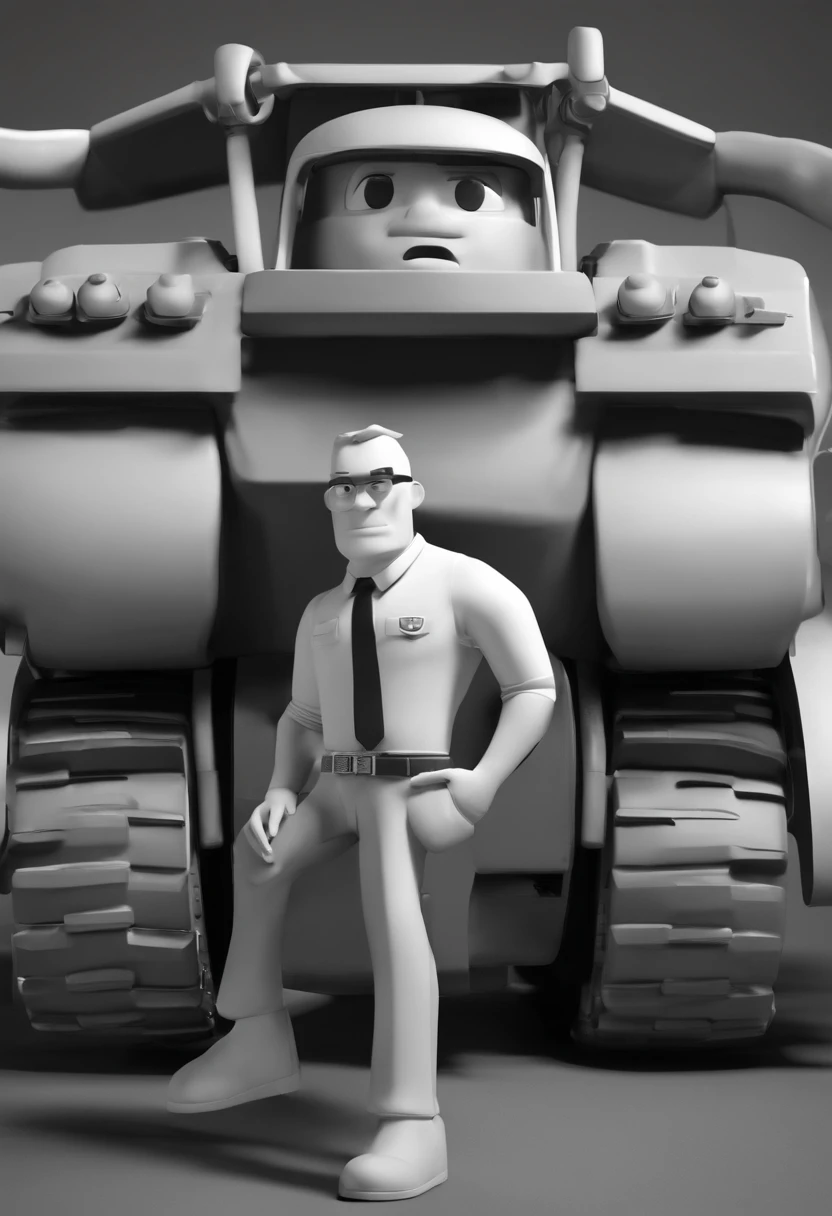 personagem dos desenhos animados de um homem branco com uma camisa preta, um personagem animado, pose de personagem, que represente uma empresa, Personagem 3D, In front of heavy machinery, industriais, estilo Pixar, com alta qualidade.