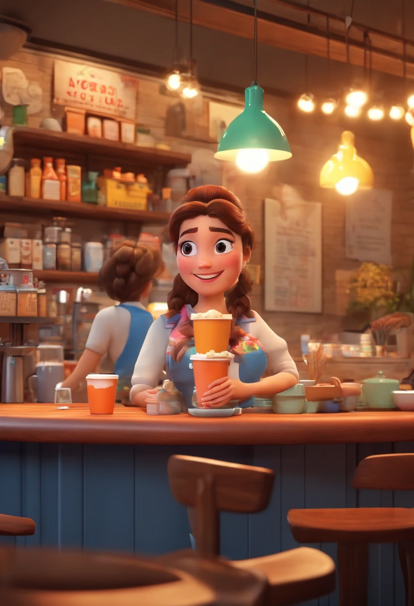 a 3d animation poster movie style disney pixar with coffee shop with waitress at the counter