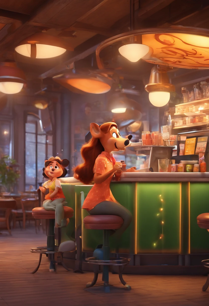 a 3d animation poster movie style disney pixar with coffee shop with waitress at the counter