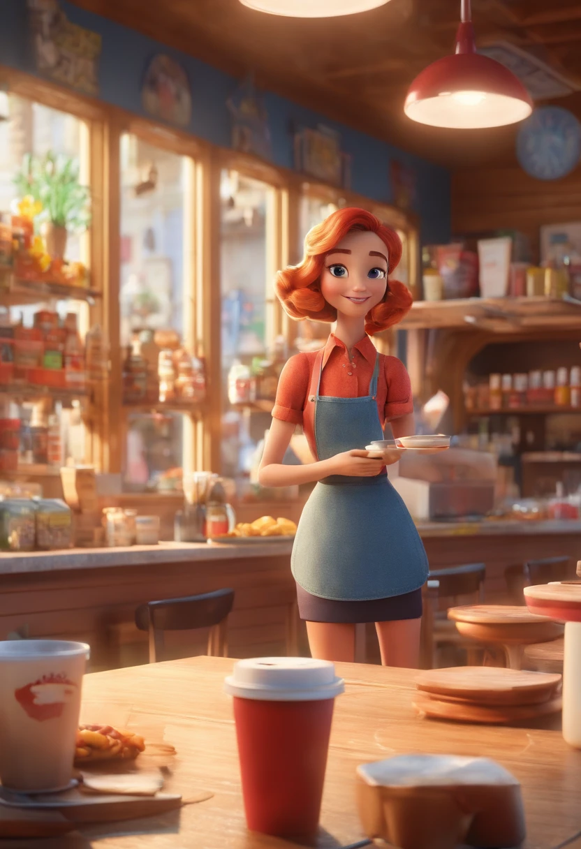 a 3d animation  poster movie style disney pixar with coffee shop with waitress at the counter