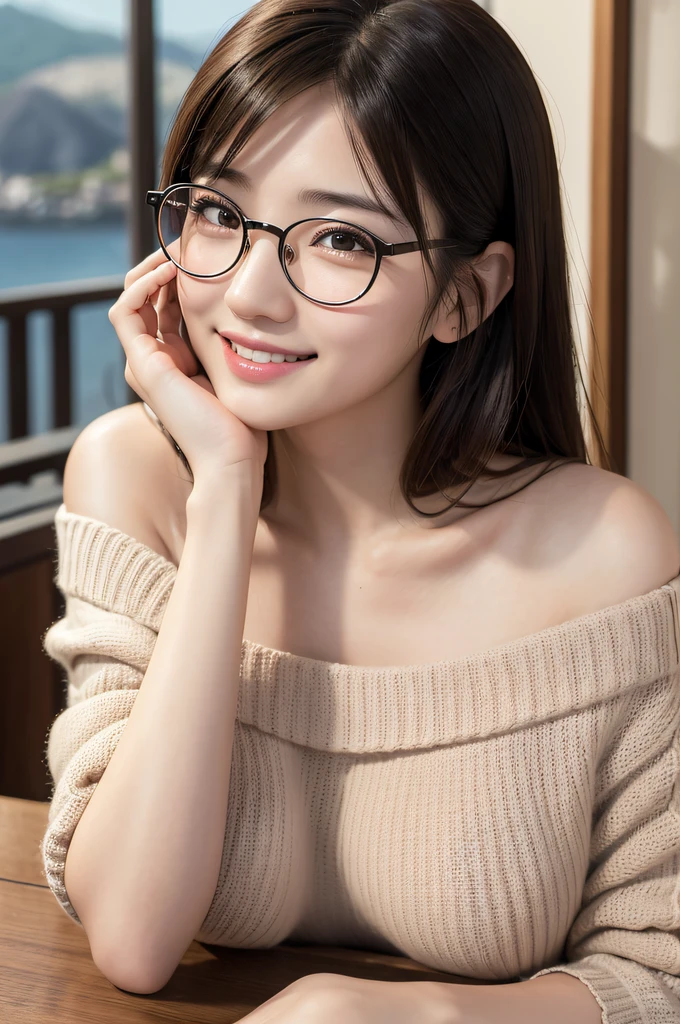 ((japanaese girl)), 8K, Raw photo, Best Quality, ultra-detailliert, Ultra High Resolution, Realistic, photographrealistic, high-definition RAW color photography, professional photograpy, Extremely detailed, 8K Wallpaper, amazing, finely detail, Huge file size, extra detailed face, extremely detailed eye, highlydetailed skin, extremely detailed fingers, highly detailed nose, highly detail mouth, Perfect Anatomy, Highly detailed background, Realistic body, Good figure, blown hair, (Medium Hair), Cute face, Photography, (Happy smile), Perfect Skin, Perfect Anatomy, Large breasts, (Round glasses), (Off-the-shoulder knit), (Mole), ((atami)), high-angle shot, swept bangs, Full body shot,