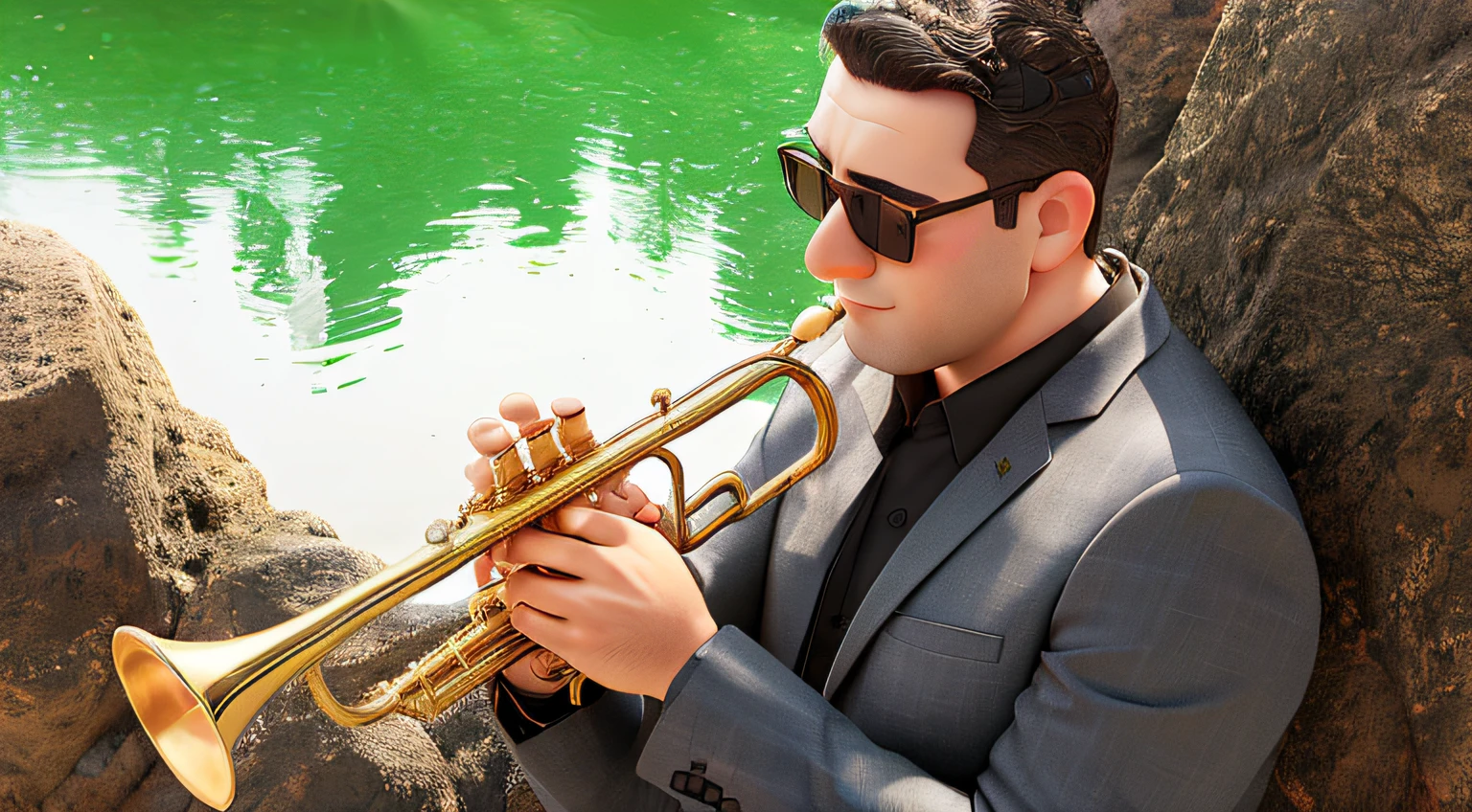 Man in suit and sunglasses playing trumpet, instrumentos de sopro, Trumpet, musician, Directed by: Alejandro Obregon, Directed by: David Ruby, fundo transparente, Foto de perfil, brass horns, Foto promocional, sousaphones reais, sharpened details, foto de retrato detalhada, foto de retrato, Directed by: Matt Cavotta, Directed by: Jakob Gauermann, andrew gonzalez