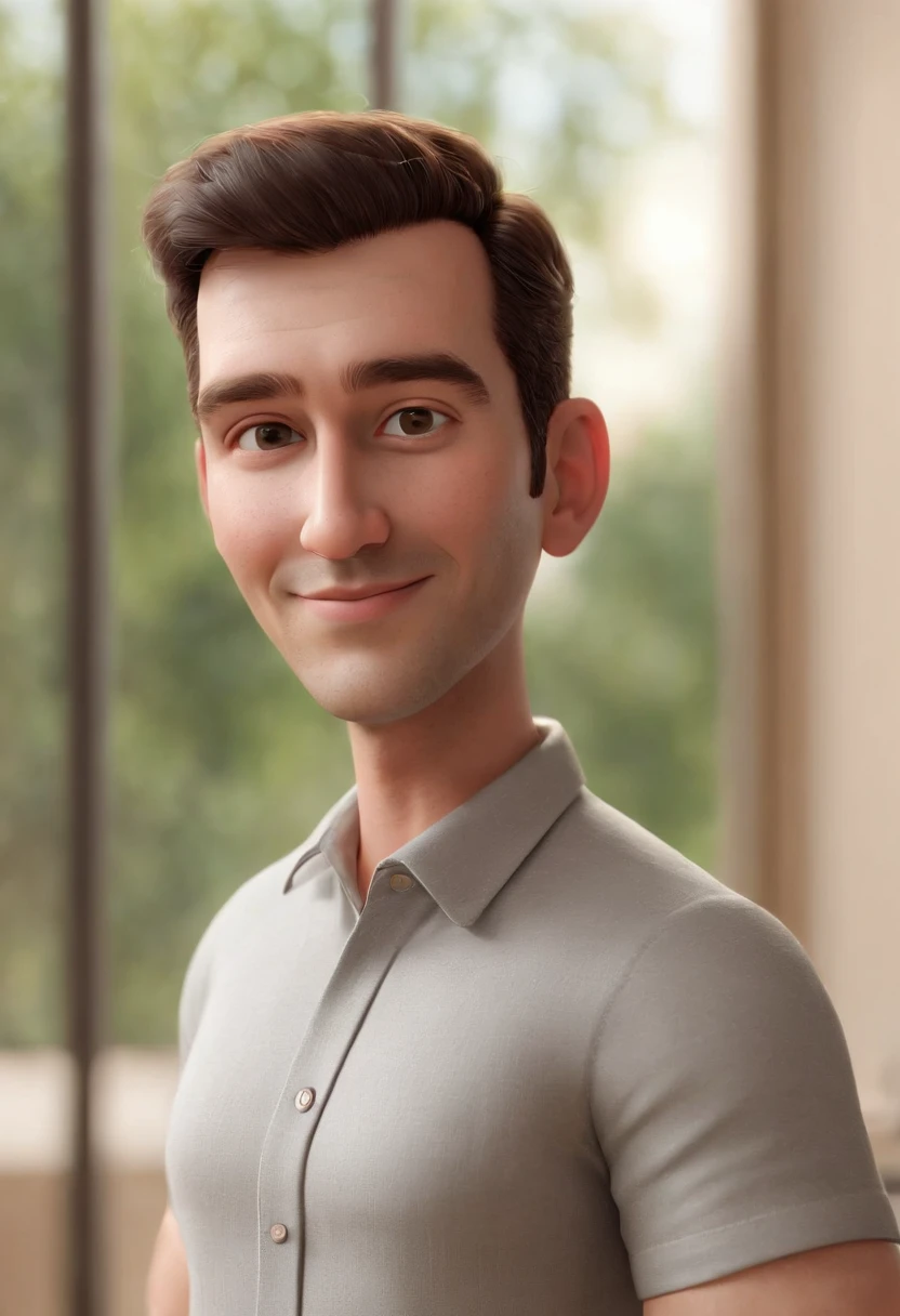 Cartoon character of a man without glasses, baixinho, gordinho, Black hair and medium size, camisa social branca, animation character, Caractere estilizado, animation style rendering, 3D estilizado, Arnold Maya render, 3 d render stylized, toon render keyshot, Personagem 3D, Personagem 3D, 3d rendering stylized, 3 d character render, personagem de desenho animado, Personagem de close up, Pose de personagem,  (Estilo Pixar) (master part:1.2) (Bokeh) (best quality) (pele detalhada) (textura detalhada) (8k) (argila) (Cinematic lighting) (foco nítido) Man in a white shirt and jeans standing in a room, Like a Pixar character, pixarman rendering rendering, render in pixar, pixar 3 d animation style, pixar portrait 8 k photo, animation character, Arnold Maya render, Depicted as a Pixar character, pixar octane render, pixar character, Pixar cartoon style, Pixar ideal character, rendered in Arnold, pixar rendering. middle-aged man. age traits. pit in the chin. Confident look. he is an architect. he is holding architectural blueprints. smiling. in the background a happy woman