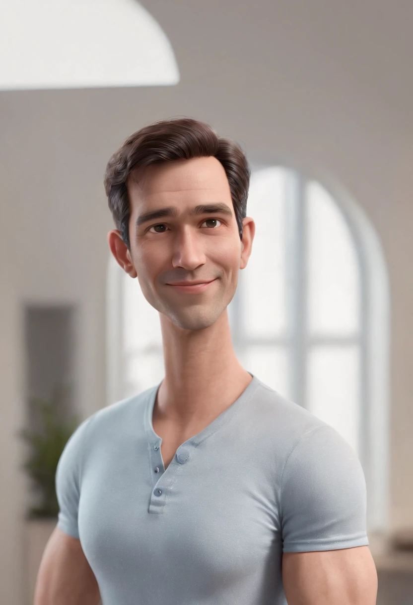 Cartoon character of a man without glasses, baixinho, gordinho, Black hair and medium size, camisa social branca, animation character, Caractere estilizado, animation style rendering, 3D estilizado, Arnold Maya render, 3 d render stylized, toon render keyshot, Personagem 3D, Personagem 3D, 3d rendering stylized, 3 d character render, personagem de desenho animado, Personagem de close up, Pose de personagem, (Estilo Pixar) (master part:1.2) (Bokeh) (best quality) (pele detalhada) (textura detalhada) (8k) (argila) (Cinematic lighting) (foco nítido) Man in a white shirt and jeans standing in a room, Like a Pixar character, pixarman rendering rendering, render in pixar, pixar 3 d animation style, pixar portrait 8 k photo, animation character, Arnold Maya render, Depicted as a Pixar character, pixar octane render, pixar character, Pixar cartoon style, Pixar ideal character, rendered in Arnold, pixar rendering. middle-aged man. age traits. pit in the chin. Confident look. he is an architect. he is holding architectural blueprints. smiling. in the background a happy woman