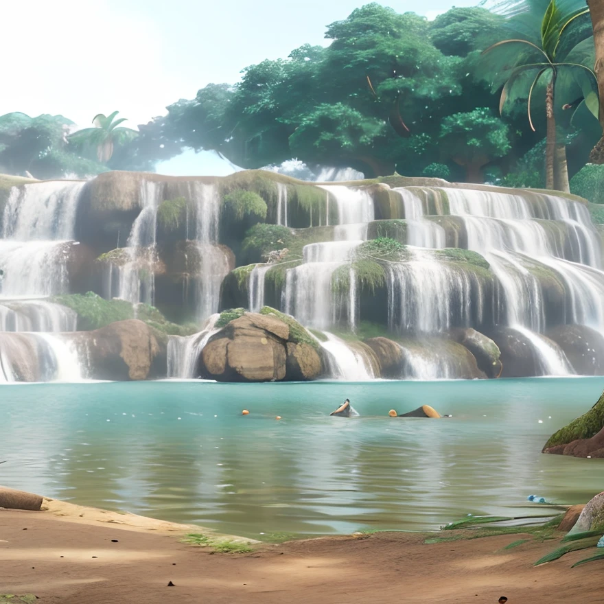3d cartoon animation of this scene, cartoon jungle,cartoon waterfall, cartoon ground