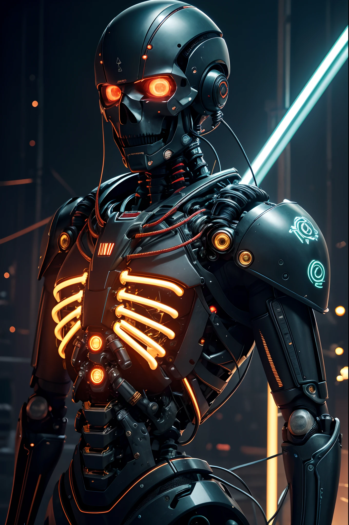 1 Only the upper body was hung,The skeleton and internal circuits of the machine are built,Mechanical Boy,((super realistic details)),and countless cables extending from the back,A camera eye that glows red in only one eye,A small sparkling blue crystal on the left chest,Half of the jaw is a machine,Boat Rate,globalillumination,Shadu,octan render,8K,ultrasharp,metal,Convolut,Ornament Detail,Cold color,Egyptian Detail,highly intricate detail,Realistic luminescence,Trends in CGS Society、radiant eyes、Camera orientation、Neon Detail、Mechanical limbs、Blood vessels connected to tubes、Mechanical vertebrae attached to the back、Mechanical cervical neck is attached,、Sedentary posture、Wires and cables tied to the head、Head of the machine,a handsome、Connected to many cables、The exterior emits LEDs that have no color、android、Half of the body is mechanical、Internal structure of the machine、Lots of wires and cables、to be continued,Chest armor purge,Exposed internal combustion engine,Left arm in progress,Peeled shoulder armor,Countless cables are connected to the back,reddish,green grass,amarelo,Luminescence in green,