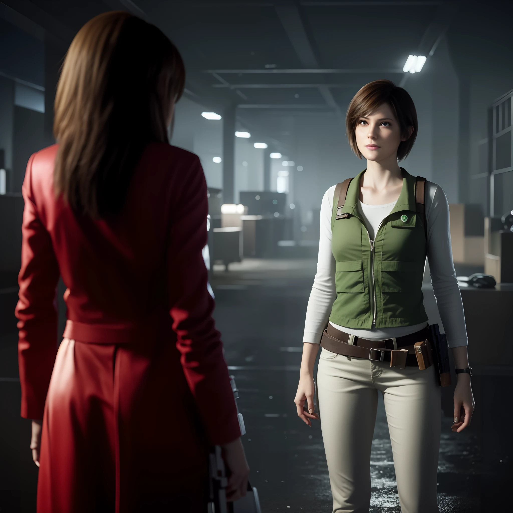 beautiful face, shy, looking at viewer, short bob brown hair, perfect face, Rebecca chamber from resident evil, white jeans, green vest Long-sleeved, friendly face, little smile, holding a gun