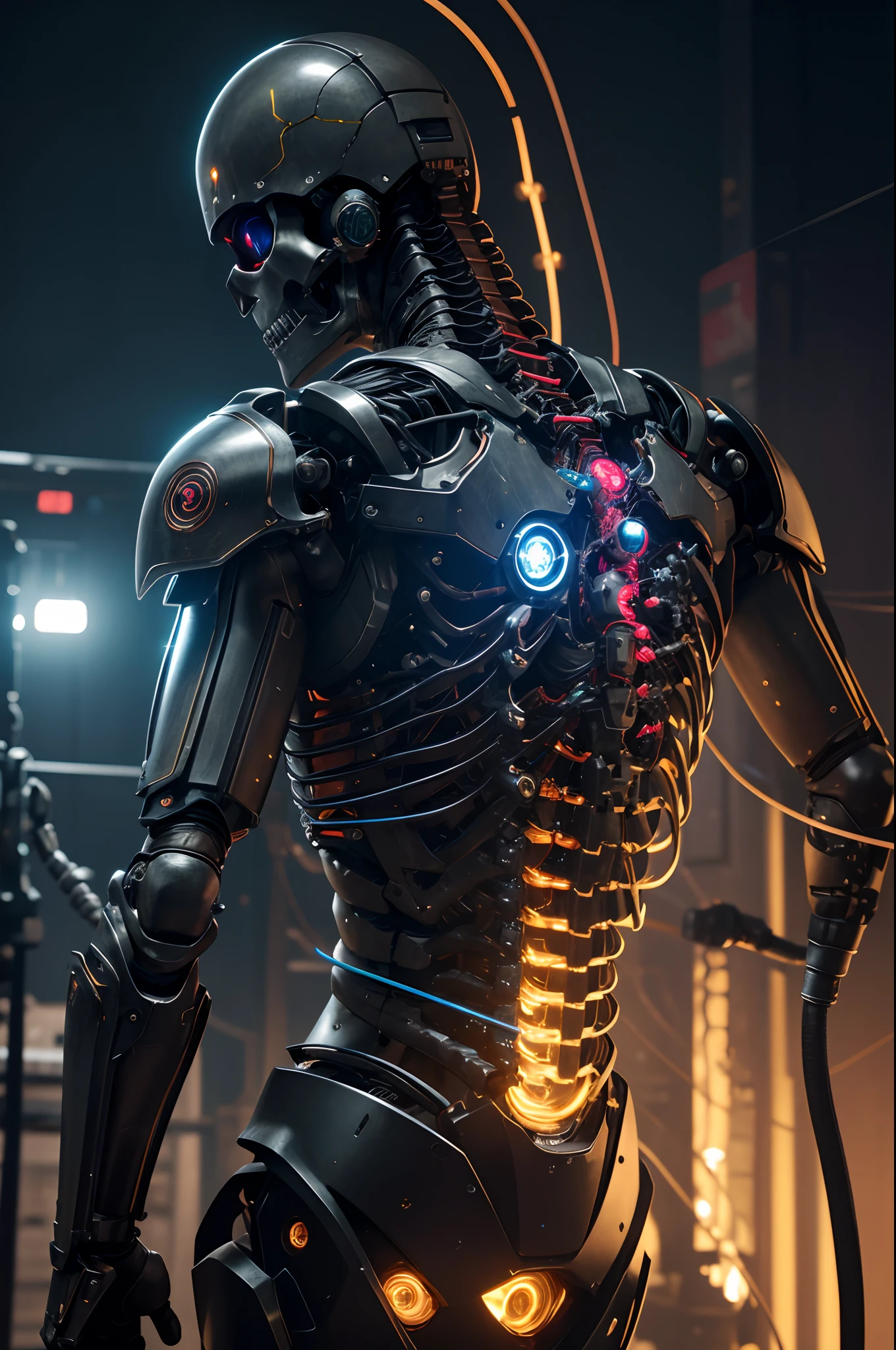 1 Only the upper body was hung,The skeleton and internal circuits of the machine are built,Mechanical Boy,((super realistic details)),and countless cables extending from the back,A camera eye that glows red in only one eye,A small sparkling blue crystal on the left chest,Half of the jaw is a machine,Boat Rate,globalillumination,Shadu,octan render,8K,ultrasharp,metal,Convolut,Ornament Detail,Cold color,Egyptian Detail,highly intricate detail,Realistic luminescence,Trends in CGS Society、radiant eyes、Camera orientation、Neon Detail、Mechanical limbs、Blood vessels connected to tubes、Mechanical vertebrae attached to the back、Mechanical cervical neck is attached,、Sedentary posture、Wires and cables tied to the head、Head of the machine,a handsome、Connected to many cables、The exterior emits LEDs that have no color、android、Half of the body is mechanical、Internal structure of the machine、Lots of wires and cables、to be continued,Chest armor purge,Exposed internal combustion engine,Left arm in progress,Peeled shoulder armor,Countless cables are connected to the back,reddish,green grass,amarelo,Luminescence in green,