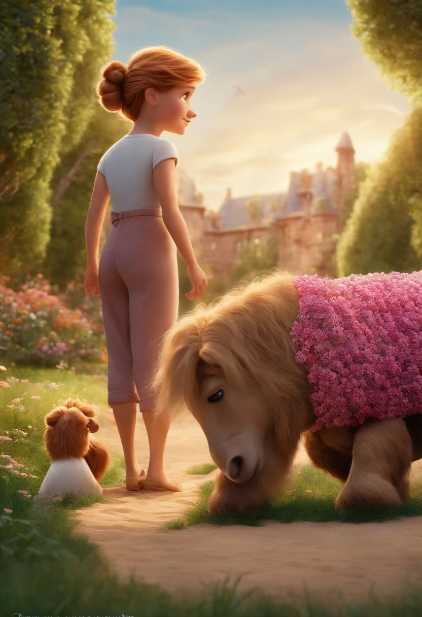 une affiche de film Disney Pixar montrant une famille à la peau blanche. Le père est le plus grand, A une barbe courte, blond, cheveux courts et épineux. La mère a les yeux et les cheveux bruns, longueur d’épaule et est légèrement en surpoids. La fille a 4 ans et a les cheveux bruns, Tenue rose et queues de cheval. L’arrière-plan est un jardin de plage. Rendu 3D