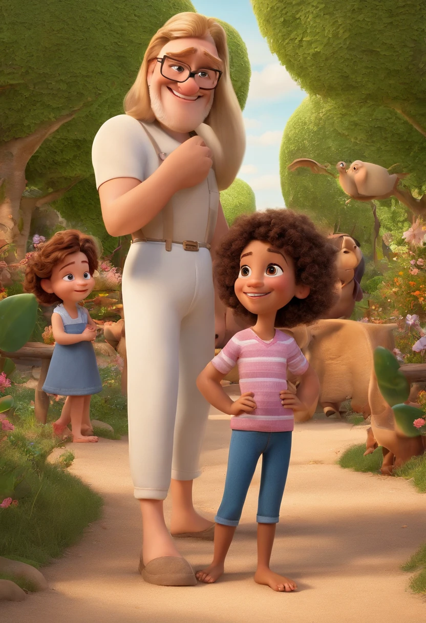 une affiche de film Disney Pixar montrant une famille à la peau blanche. Le père est le plus grand, A une barbe courte, blond, cheveux courts et épineux. La mère a les yeux et les cheveux bruns, longueur d’épaule et est légèrement en surpoids. La fille a 4 ans et a les cheveux bruns, Tenue rose et queues de cheval. L’arrière-plan est un jardin de plage. Rendu 3D