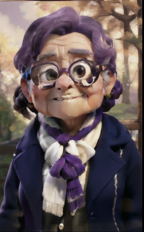 (best quality,ultra-detailed,highres,masterpiece:1.2),a detailed portrait of an elderly woman with glasses and a scarf, wearing a purple coat and a green scarf, standing in a park, [oil painting], [studio lighting], [vivid colors], [fine brush strokes], [realistic portrayal], [serene expression], [nature elements], [autumn foliage], [soft sunlight].