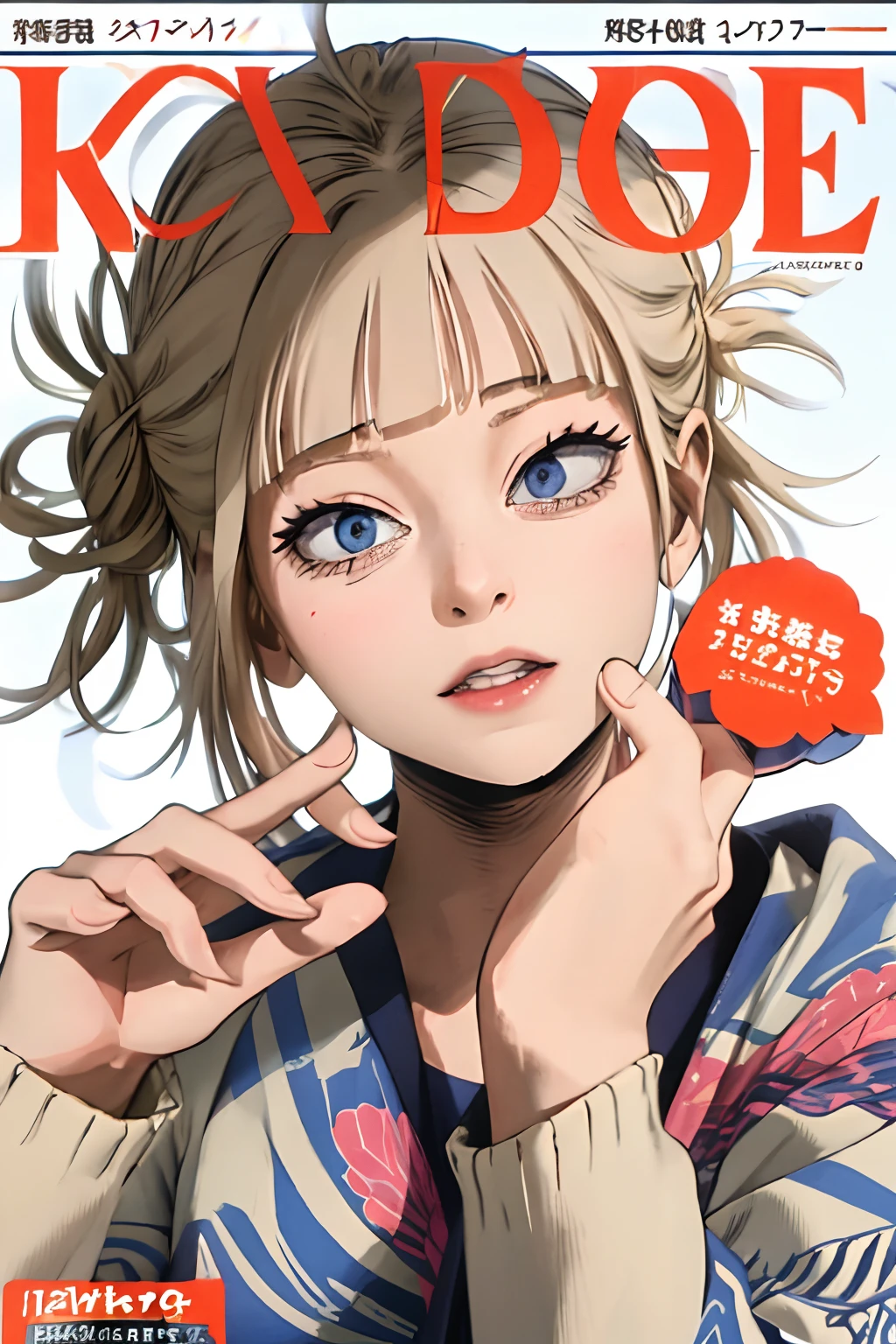 masterpiece, best quality, spring outfit, colorful hair, outdoor, magazine cover ,upper body, himiko toga