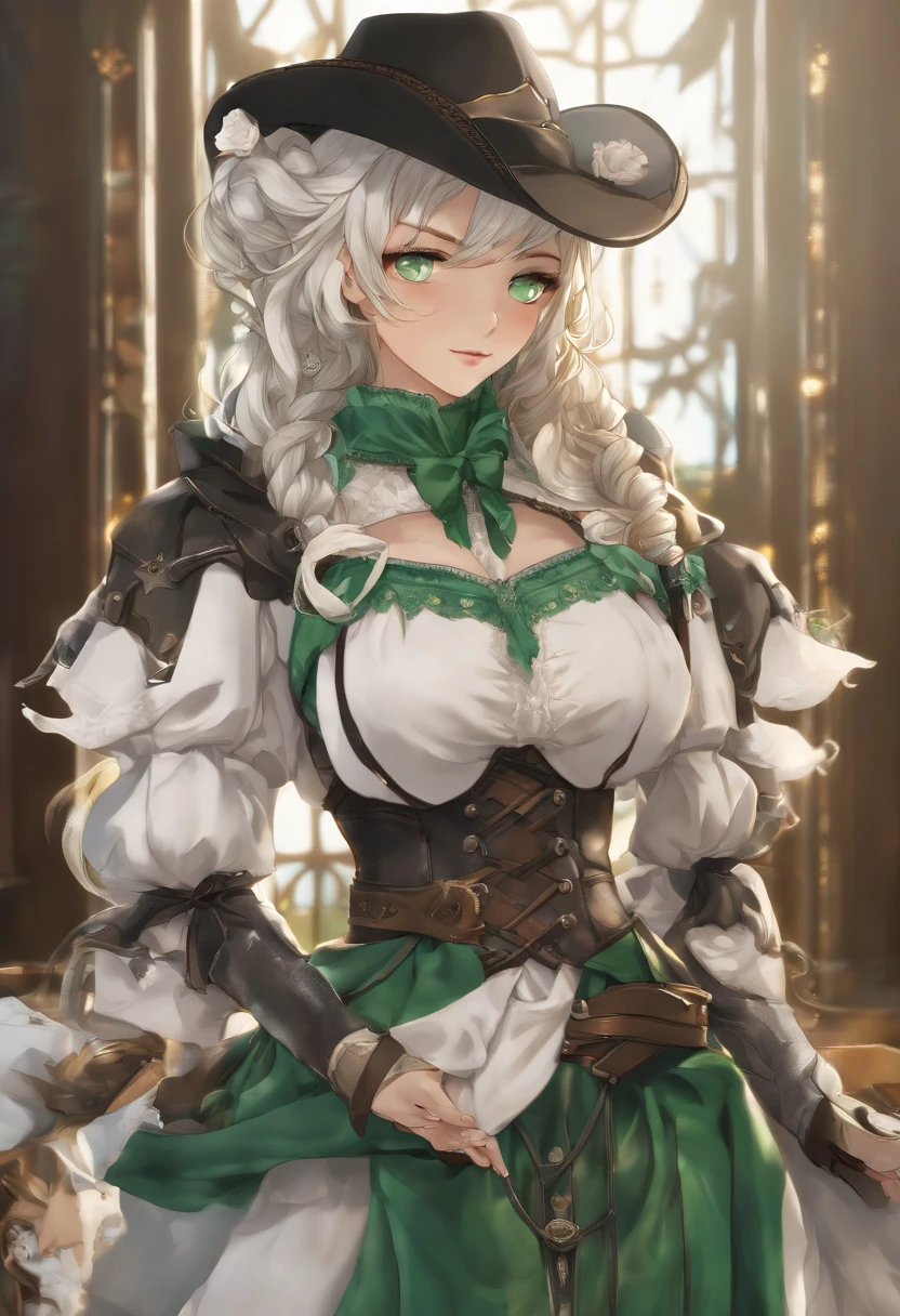 Gensin Noel, Noelle, braid, flower, Hair Flower, Hair Ornament, Short hair, Silver hair, (Green eyes:1.5), Break Apron, armor, ascot, Black pantyhose, Black skirt, Dress, gauntlets, gold trim, Head dress, Long sleeves, maid, maid apronl, Maid headdress, pantyhose, pauldrons, Shoulder Armor, Skirt, Strap, Break indoors, laboratory, BREAK looking at viewer, (Cowboy Shot:1.5), BREAK (masutepiece:1.2), Best Quality, High resolution, Unity 8k壁纸, (Illustration:0.8), (Beautiful detailed eyes:1.6), extra detailed face, Perfect Lighting, extremely details CG, (Perfect hands, Perfect Anatomy),