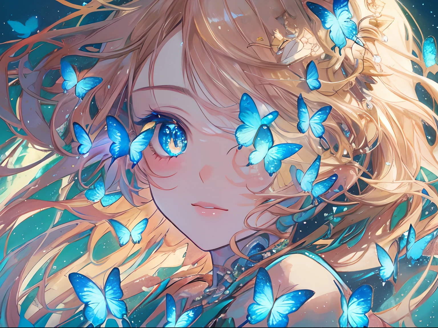 Girl, beautiful, scenery, glowing hair, bright, butterfly, masterpiece, golden shot, beautiful angle, gentle face, vivid color, nice composition, blue, sparkling, dreamlike, beautiful light, blue color tone, anime illustration style art