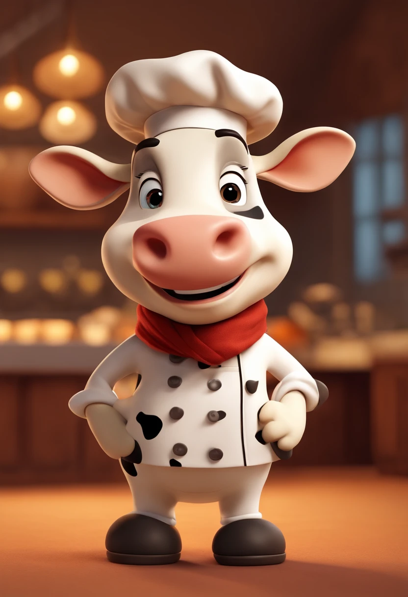 mascot standing cow dressed as a chef and wearing a beige scarf around her neck disney pixar style 3d 4k full smile and happy style disney 3d style the movie up