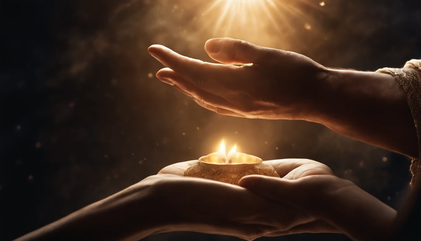 illustration, realistic depiction of God bestowing blessings on a person, brilho divino, atmosfera celestial, etherial lighting, Symbolic and Spiritual Representation. Image with perfect hands and fingers