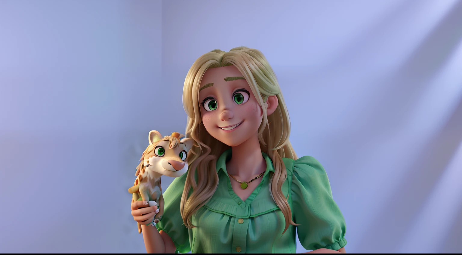 image of a woman with green eyes, darker blonde hair, smiling, with a green blouse, her arms are sunburned, so leave the tone of the skin on her arms the same color as the skin on her face, in her hand there is a rattle giraffe themed plush