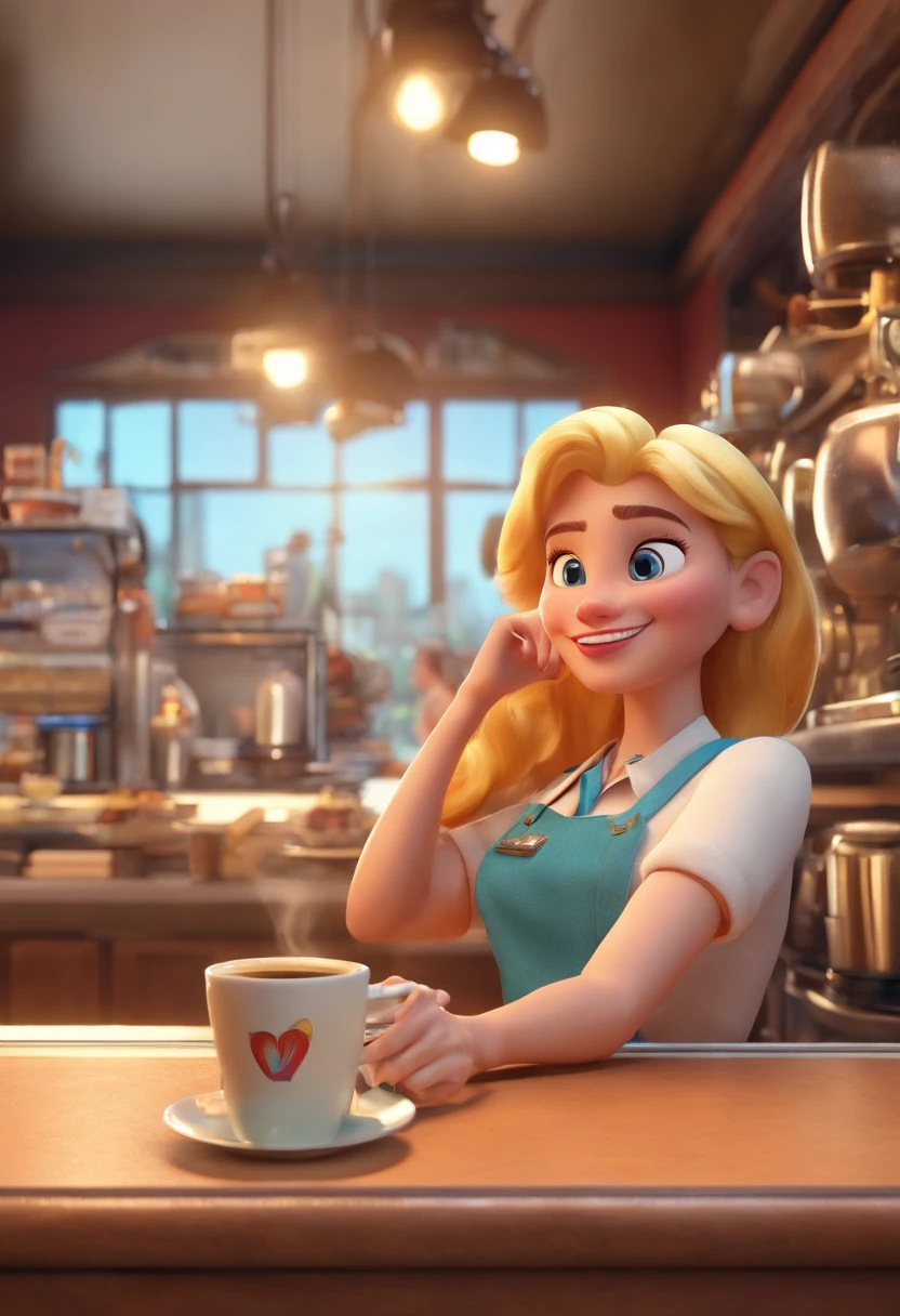 a 3d animation poster movie style disney pixar with blonde-haired waitress serving coffee at the counter of a coffee shop