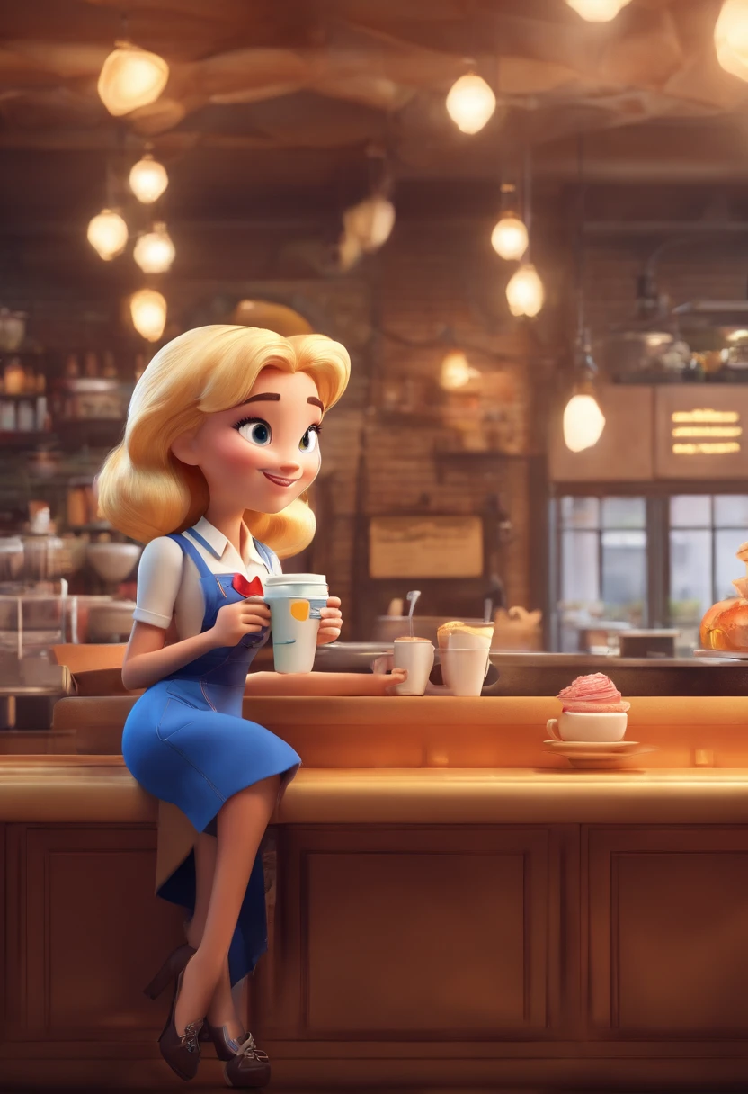 a 3d animation poster movie style disney pixar with blonde-haired waitress serving coffee at the counter of a coffee shop