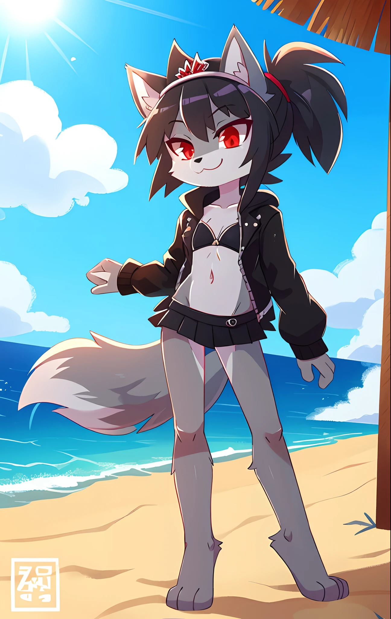 furry girl, wolf, adult ((20years)), black hair, punk hairstyle, long spiky ponytail, anime style, small breasts, red eyes, black hoodie jacket, open clothes, black bikini, black skirt, princess tiara, beach, clear sky, high quality, detailed body, detailed eyes, detailed face, masterpiece, glistening body, shiny body, detailed body fur, best quality, two tone body, gray fur, clear gray fur, skinny, sassy face, :3, feets whit three toes, full body,