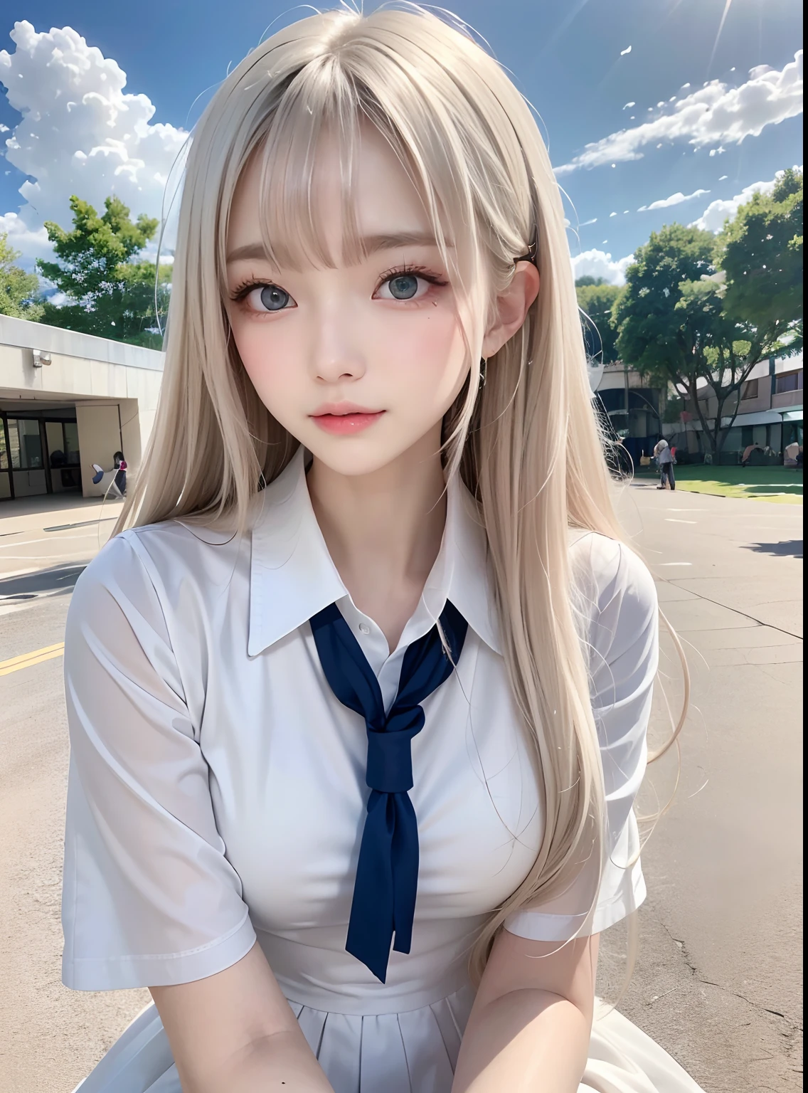 ((top-quality、masterpiece:1.3))、((Russian beauties))、1 female、18year old、Colossal tits:1.3、Slender body type:1.1、Glossy white beautiful skin、Platinum blonde super long hair、(the beach、Wet body、pretty bikini:1.1)、Super Detailed Face、Detailed lips、detailedeyes、二重まぶた、beach balls、A smile、blue-sky、clouds、look left、kneeking、blue eyess、wide Shots, 1 girl, Super long hair, Beautiful and cute 17 year old beautiful girl、Beautiful bangs、Very beautiful face、bright expression、Beautiful blue eyes, Bright and dazzling platinum blonde、Long straight hair、Eyebrows behind bangs、student clothes、School Uniforms、textured white skin, Best Quality, 4K high resolution、glowy skin, high details