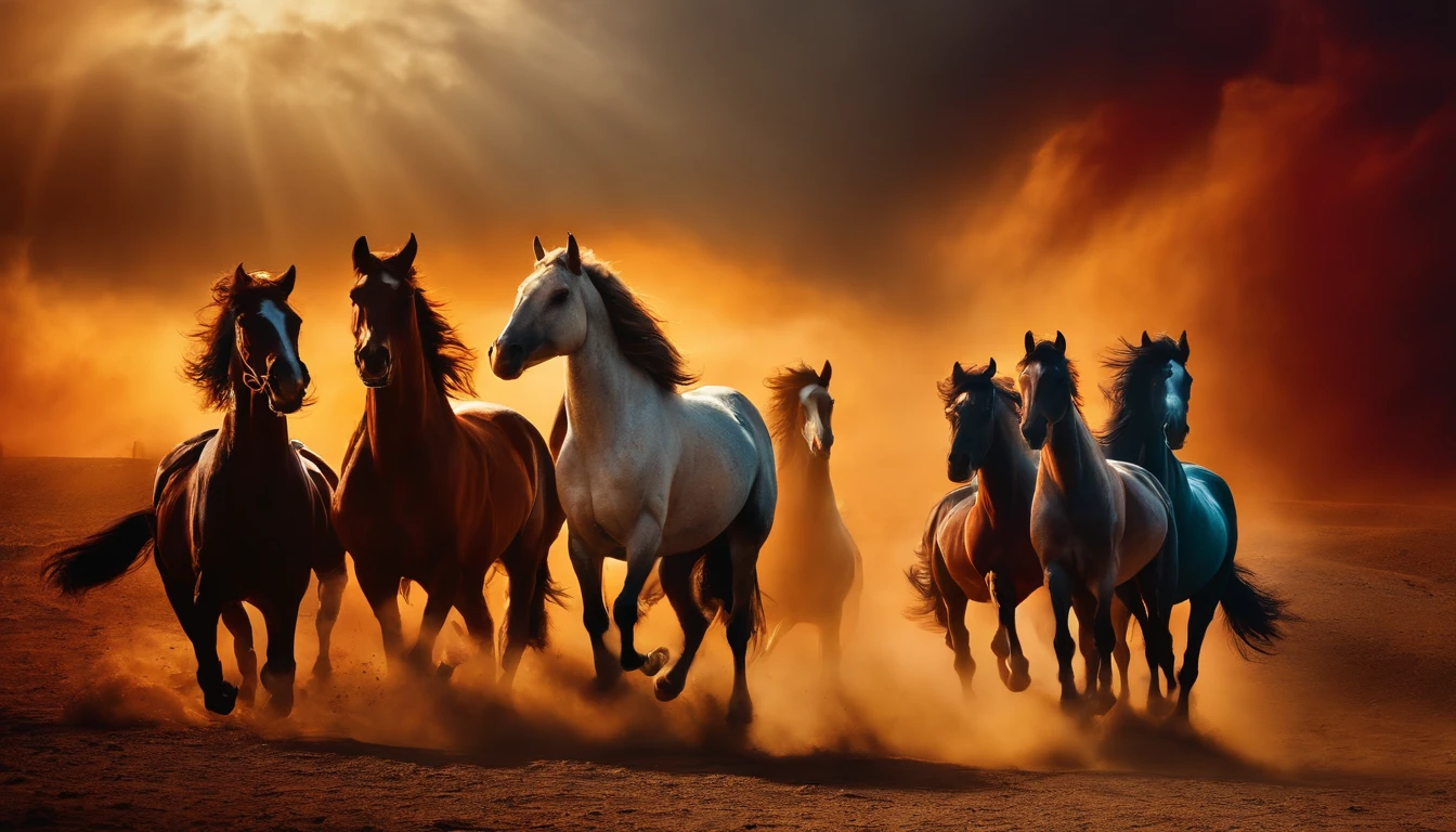 scene of the 4 horses of the apocalypse, extremely detailed