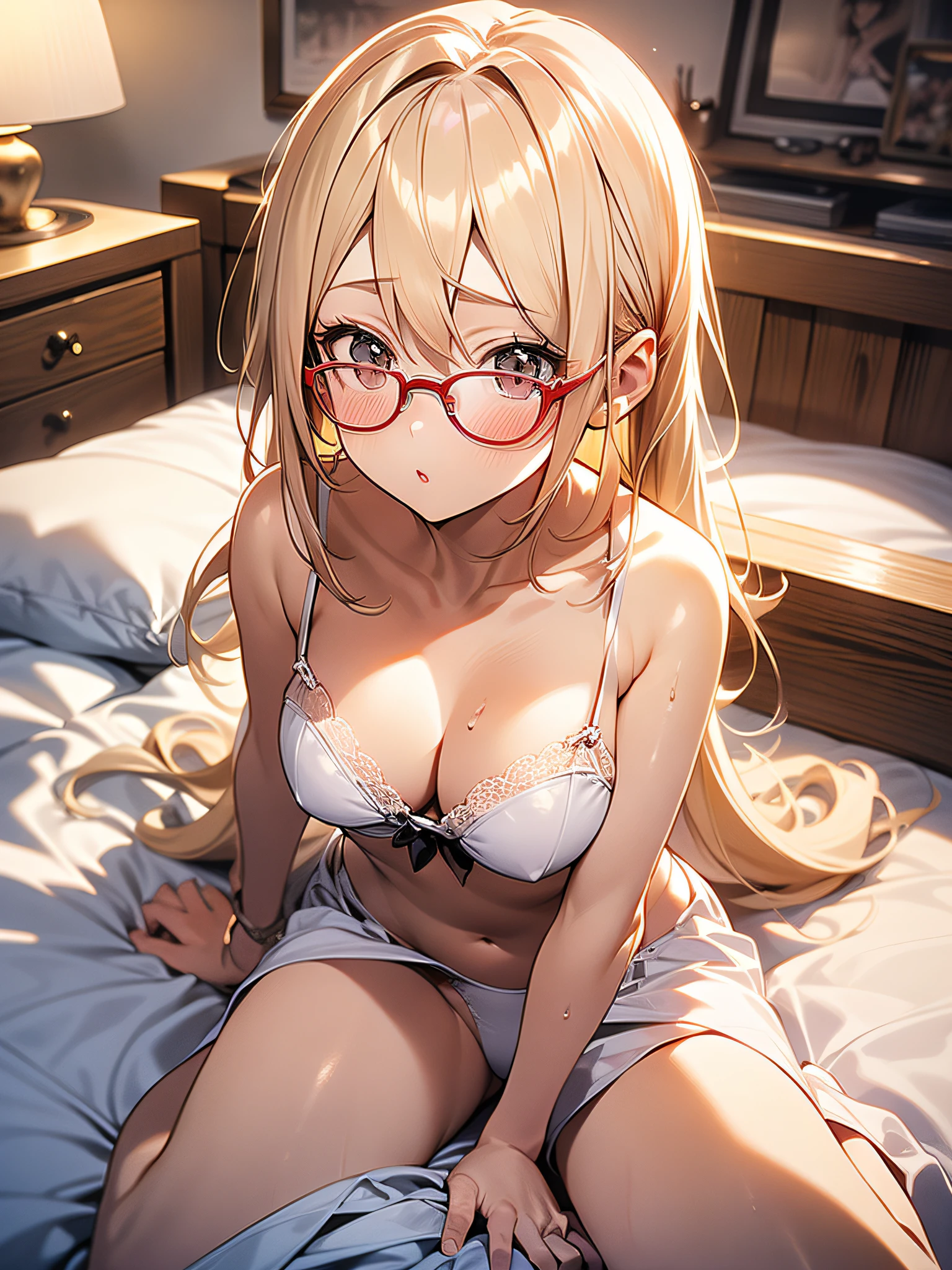 in 8K、top-quality、masterpiece、ultra-detailliert、Ultra-high resolution、((1 persons))、girl with、a blond、Twin-tailed、Round big lens glasses、Medium chest、on the beds、(((natta)))、(darkened room)、Red face、White underwear、embarrassed from、look up to