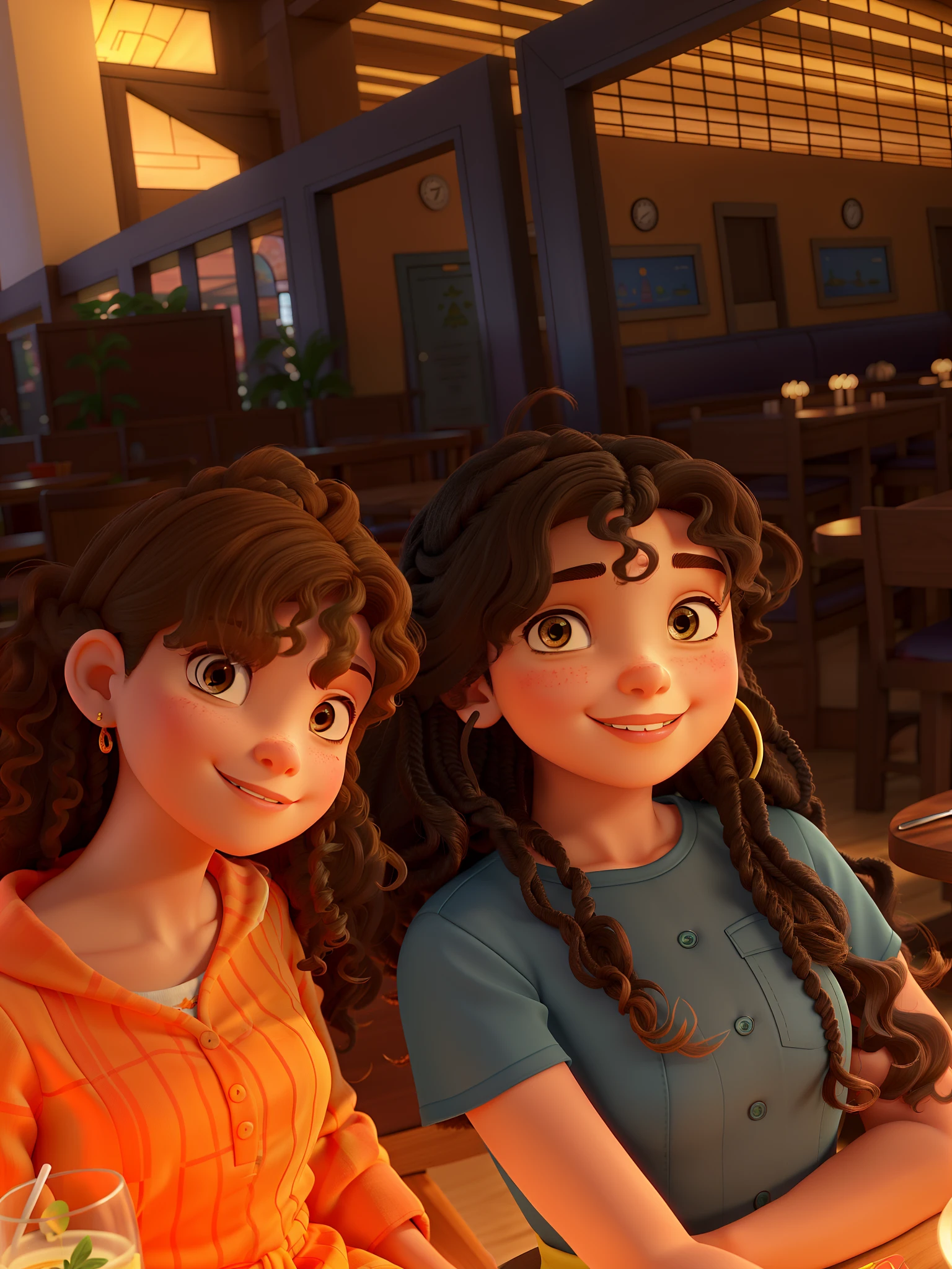 Duas s pretas, one with curly hair and one with braids, num restaurante sentadas sorrindo. Estilo disney pixar, alta qualidade, melhor qualidade