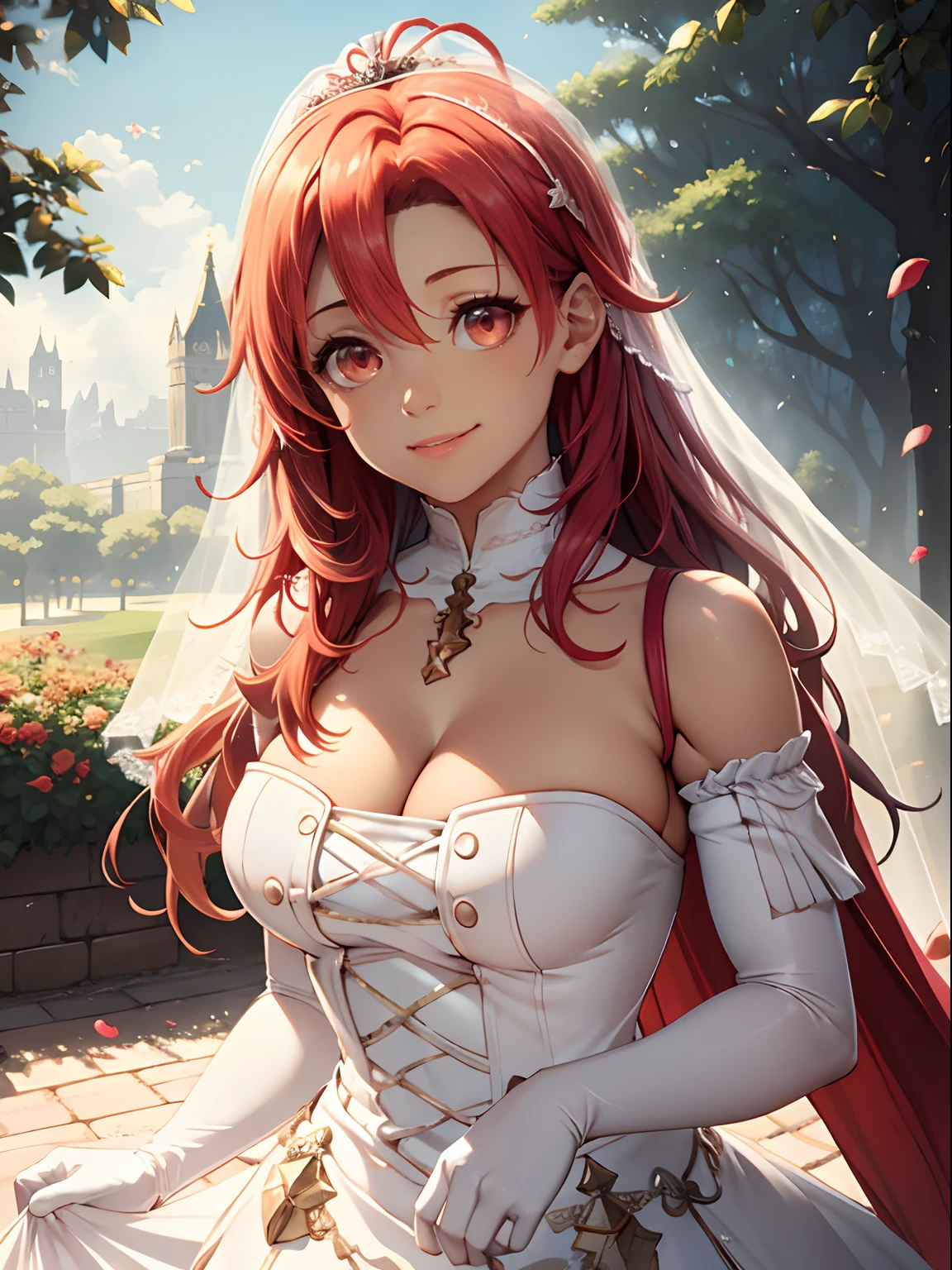 1girl hair between eyes, ahoge, tanned skin, red eyes, red hair, star \(symbol\), hair ornament, dress, cleavage, bare shoulders, collarbone, long white elbow gloves, white gloves, white dress, white choker, strapless, tiara, veil, strapless dress, wedding dress, bridal veil, beautiful woman, perfect body, perfect breasts, wearing a wedding dress, ball gown, in the park trees, wedding decorations, a in love smile, realism, masterpiece, textured skin, super detail, high detail, high quality, best quality, 1080p, 16k