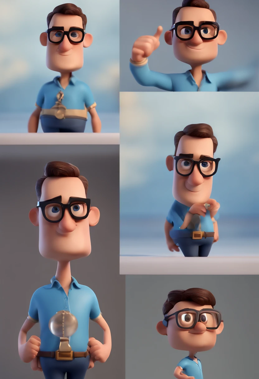 Cartoon character of a man with black glasses and a blue shirt, animation character, Caractere estilizado, animation style rendering, 3D estilizado, Arnold Maya render, 3 d render stylized, toon render keyshot, Personagem 3D, Personagem 3D, 3d rendering stylized, 3 d character render, personagem de desenho animado, Personagem de close up, Pose de personagem, (Estilo Pixar) (master part:1.2) (Bokeh) (best quality) (pele detalhada) (textura detalhada) (8k) (argila) (Cinematic lighting) (foco nítido