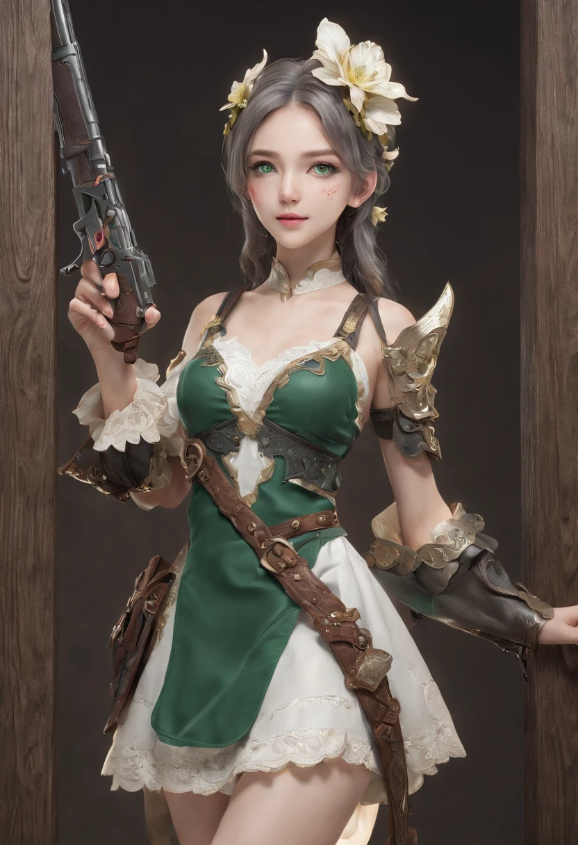 Gensin Noel, Noelle, braid, flower, Hair Flower, Hair Ornament, Short hair, Silver hair, (Green eyes:1.5), Break Apron, armor, ascot, Black pantyhose, Black skirt, Dress, gauntlets, gold trim, Head dress, Long sleeves, maid, maid apronl, Maid headdress, pantyhose, pauldrons, Shoulder Armor, Skirt, Strap, Break indoors, laboratory, BREAK looking at viewer, (Cowboy Shot:1.5), BREAK (masutepiece:1.2), Best Quality, High resolution, Unity 8k壁纸, (Illustration:0.8), (Beautiful detailed eyes:1.6), extra detailed face, Perfect Lighting, extremely details CG, (Perfect hands, Perfect Anatomy),