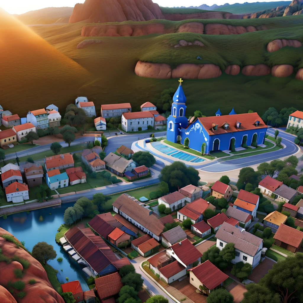 Paisagem de pequena cidade vista de cima, com igreja azul e casas. No estilo Disney pixar