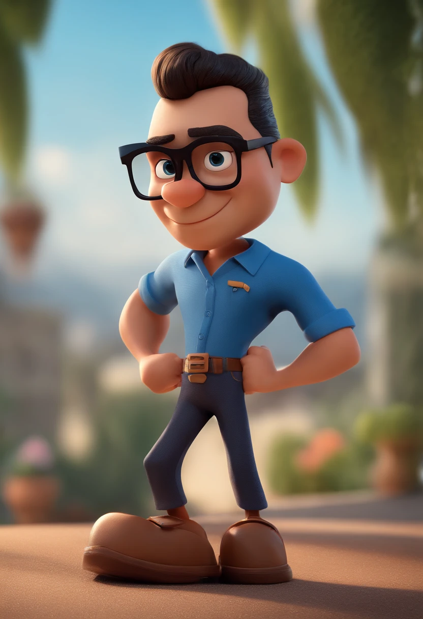 Cartoon character of a man with black glasses and a blue shirt, animation character, Caractere estilizado, animation style rendering, 3D estilizado, Arnold Maya render, 3 d render stylized, toon render keyshot, Personagem 3D, Personagem 3D, 3d rendering stylized, 3 d character render, personagem de desenho animado, Personagem de close up, Pose de personagem, (Estilo Pixar) (master part:1.2) (Bokeh) (best quality) (pele detalhada) (textura detalhada) (8k) (argila) (Cinematic lighting) (foco nítido