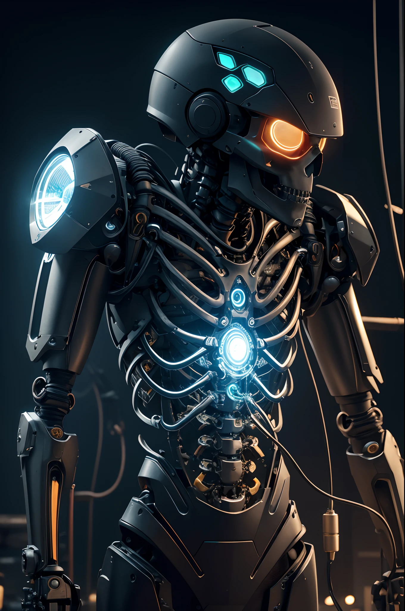 1 Upper body only produced,The skeleton and internal circuits of the machine are built,Mechanical Boy,((super realistic details)),and countless cables extending from the back,A camera eye that glows red in only one eye,A small sparkling blue crystal on the left chest,Half of the jaw is a machine,Boat Rate,globalillumination,Shadu,octan render,8K,ultrasharp,metal,Convolut,Ornament Detail,Cold color,Egyptian Detail,highly intricate detail,Realistic luminescence,Trends in CGS Society、radiant eyes、Camera orientation、Neon Detail、Mechanical limbs、Blood vessels connected to tubes、Mechanical vertebrae attached to the back、Mechanical cervical neck is attached,、Sedentary posture、Wires and cables tied to the head、Head of the machine,a handsome、Connected to many cables、The exterior emits LEDs that have no color、android、Half of the body is mechanical、Internal structure of the machine、Lots of wires and cables、to be continued,Chest armor purge,Exposed internal combustion engine,Left arm in progress,Peeled shoulder armor,Countless cables are connected to the back,reddish,green grass,amarelo,Luminescence in green,