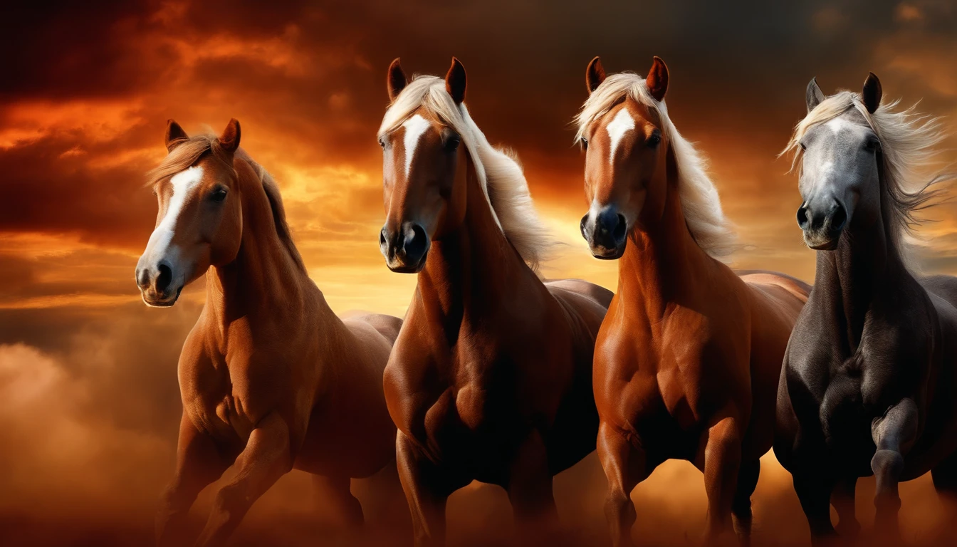 scene of the 4 horses of the apocalypse in the clouds, extremely detailed