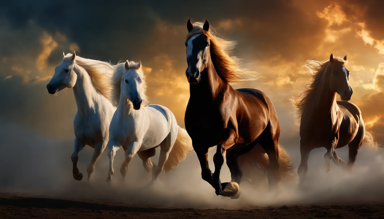 scene of the 4 horses of the apocalypse in the clouds, extremely detailed