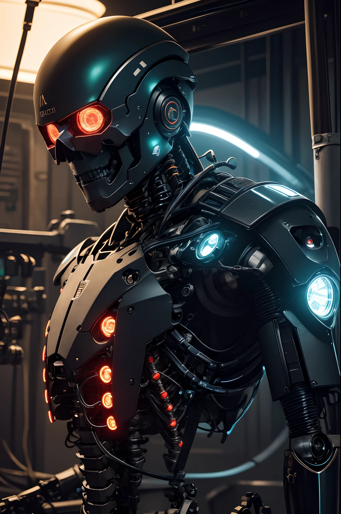 8K, 1 Mechanical Man in the middle of production (Ultra-realistic details) portlate、globalillumination、Shadow、octan render、8K、ultrasharp、metals、Details of complex ornaments、cold color Japan Details The upper body is suspended by a hook Skeleton Frame Precise details of the internal frame exposed Highly intricate details Realistic light CGSoation Trends、radiant eyes、Facing the camera、neon details Mechanical Hand Many LEDs emit light Lots of cables extending from the back Artificial blood vessels Wires and cables connecting to the head 超A high resolution Mono eye glowing red A hyper-realistic