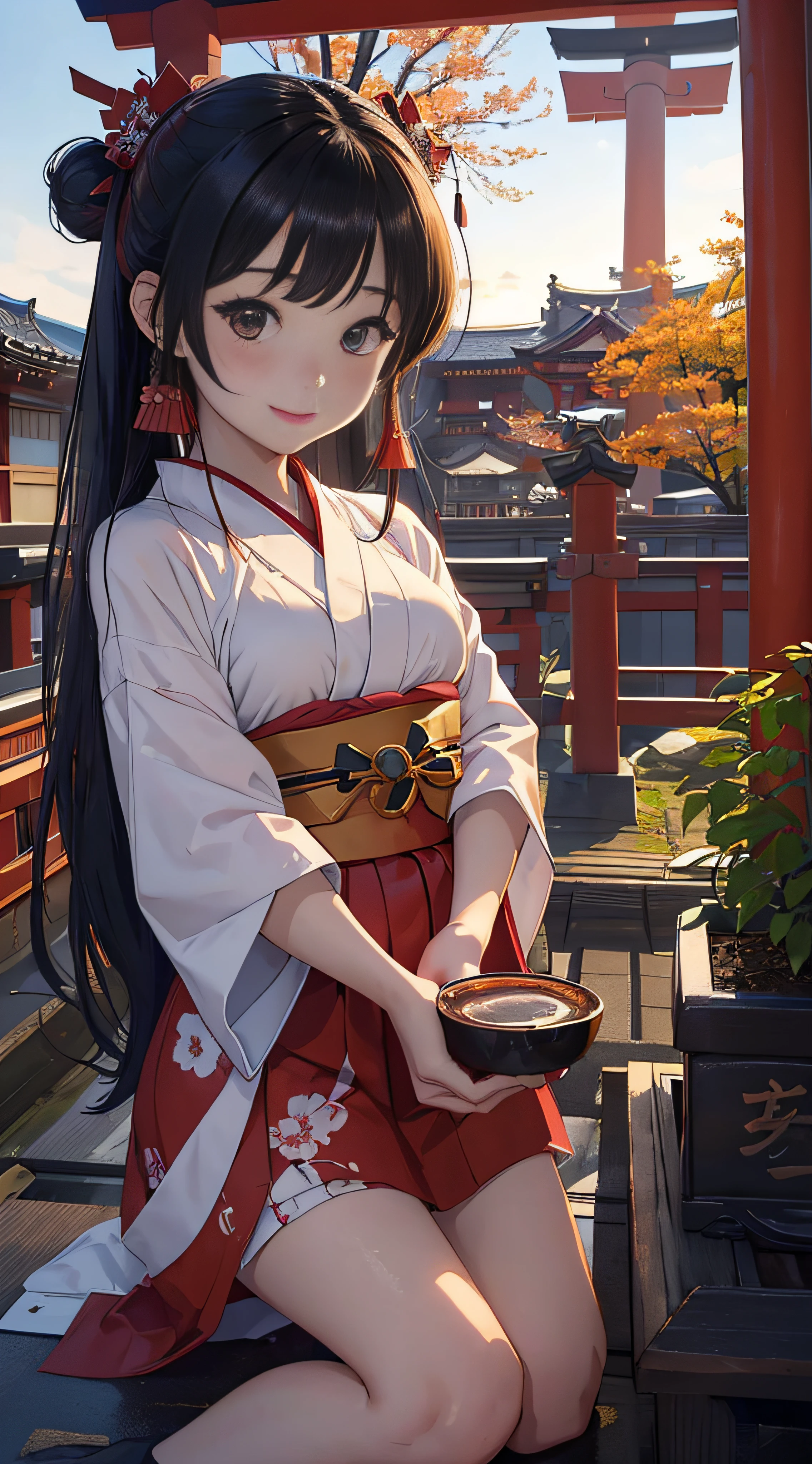 Best Quality、masutepiece、(japanes、Beautuful Women、(shrine maiden)、25-years old、Beautuful Women:1.5、cute little:2、spotless、D-cups)、(ssmile、slightly red cheeks、I'm embarrassed、ssmile)、shrines