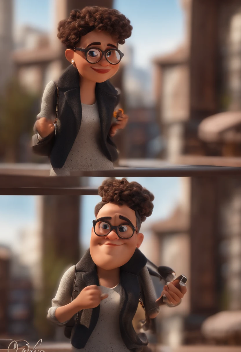 Personagem de desenho animado de uma mulher gordinha com cabelos castanhos e destaques loiros, usando um coque no cabelo, segurando um microfone e cantando, wearing black glasses, uma jaqueta preta, uma camisa cinza, um personagem animado, Caractere estilizado, animation style rendering, 3D estilizado , Arnold Maya render, 3d stylized rendering, toon render keyshot, Personagem 3D, stylized 3d rendering, 3D character rendering, personagem de desenho animado, closeup character, Pose do personagem, (Estilo Pixar) (master part:1.2 ) (Bokeh) (melhor qualidade) (pele detalhada) (textura detalhada) (8k) (argila) (Cinematic lighting) (foco nítido,Apartamento Americano